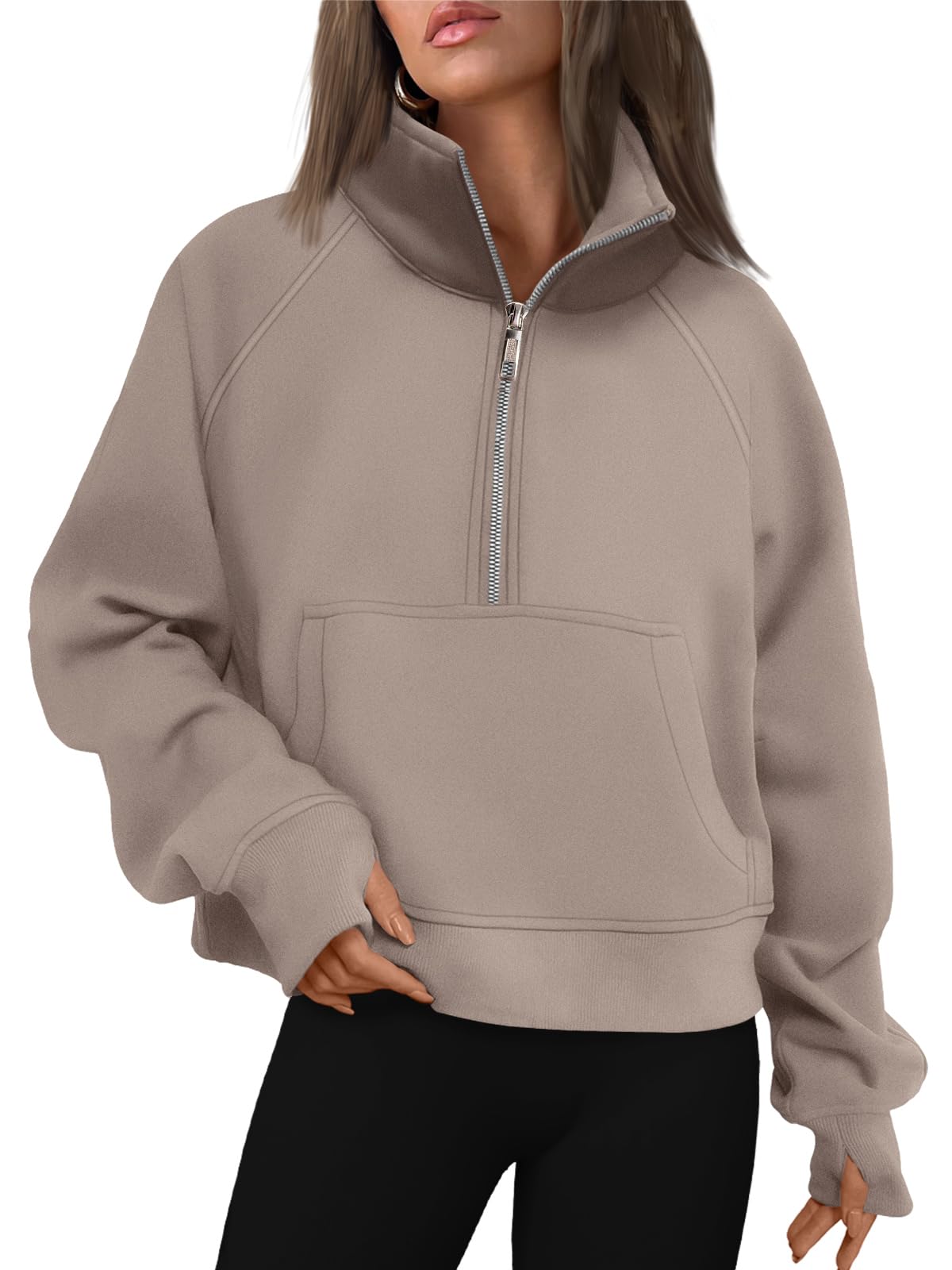 Womens Sweatshirts Half Zip Cropped Pullover Fleece Quarter Zipper Hoodies Fall outfits Clothes Thumb Hole