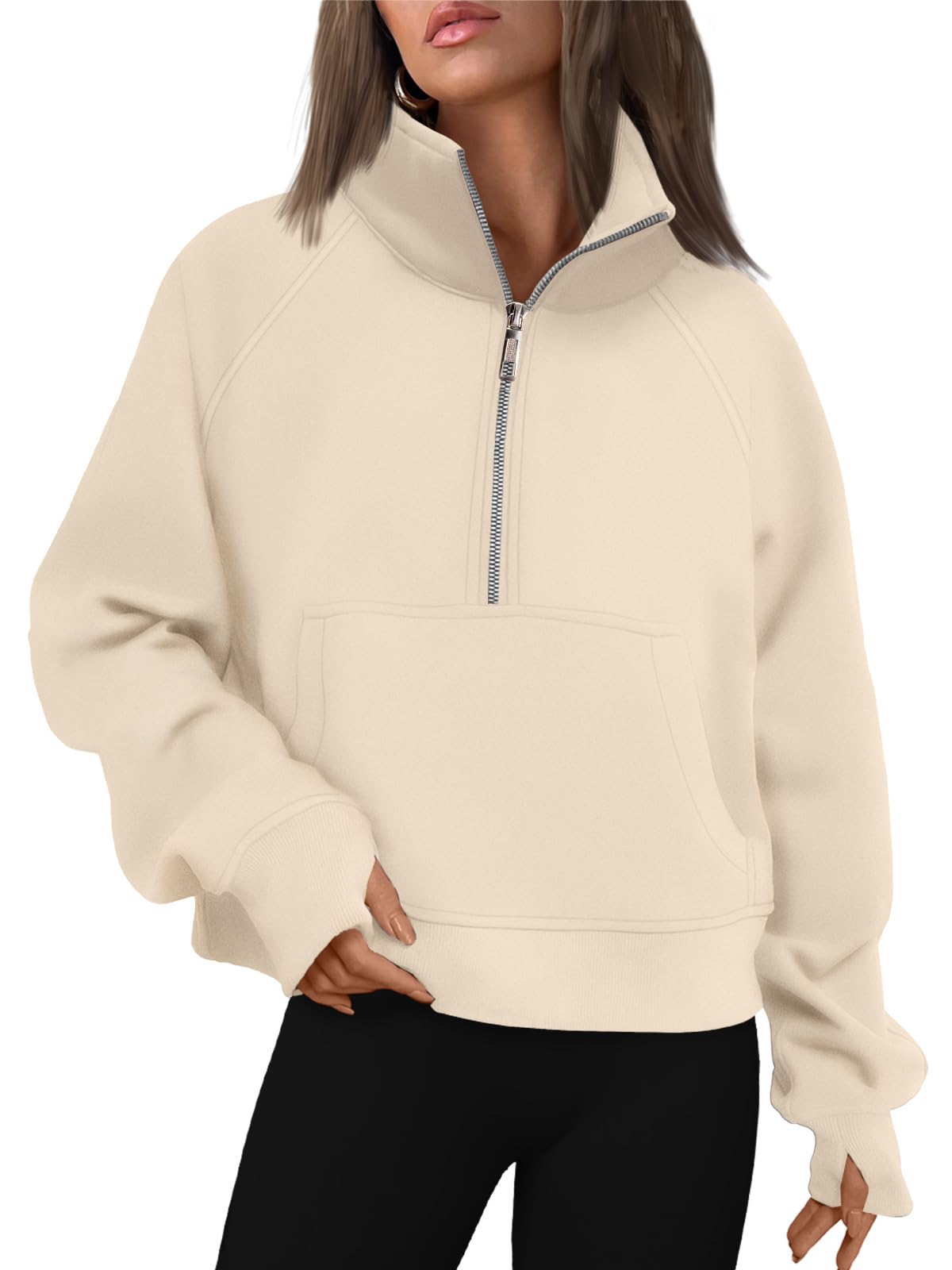 Womens Sweatshirts Half Zip Cropped Pullover Fleece Quarter Zipper Hoodies Fall outfits Clothes Thumb Hole