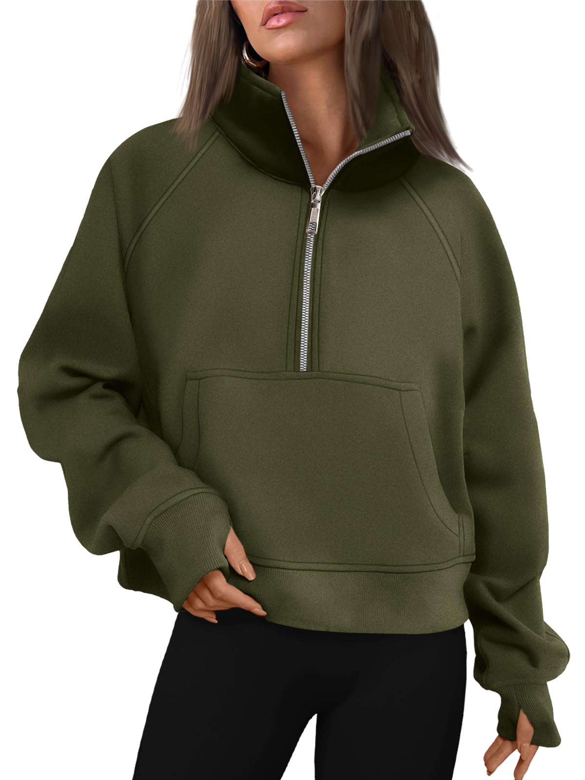 Womens Sweatshirts Half Zip Cropped Pullover Fleece Quarter Zipper Hoodies Fall outfits Clothes Thumb Hole