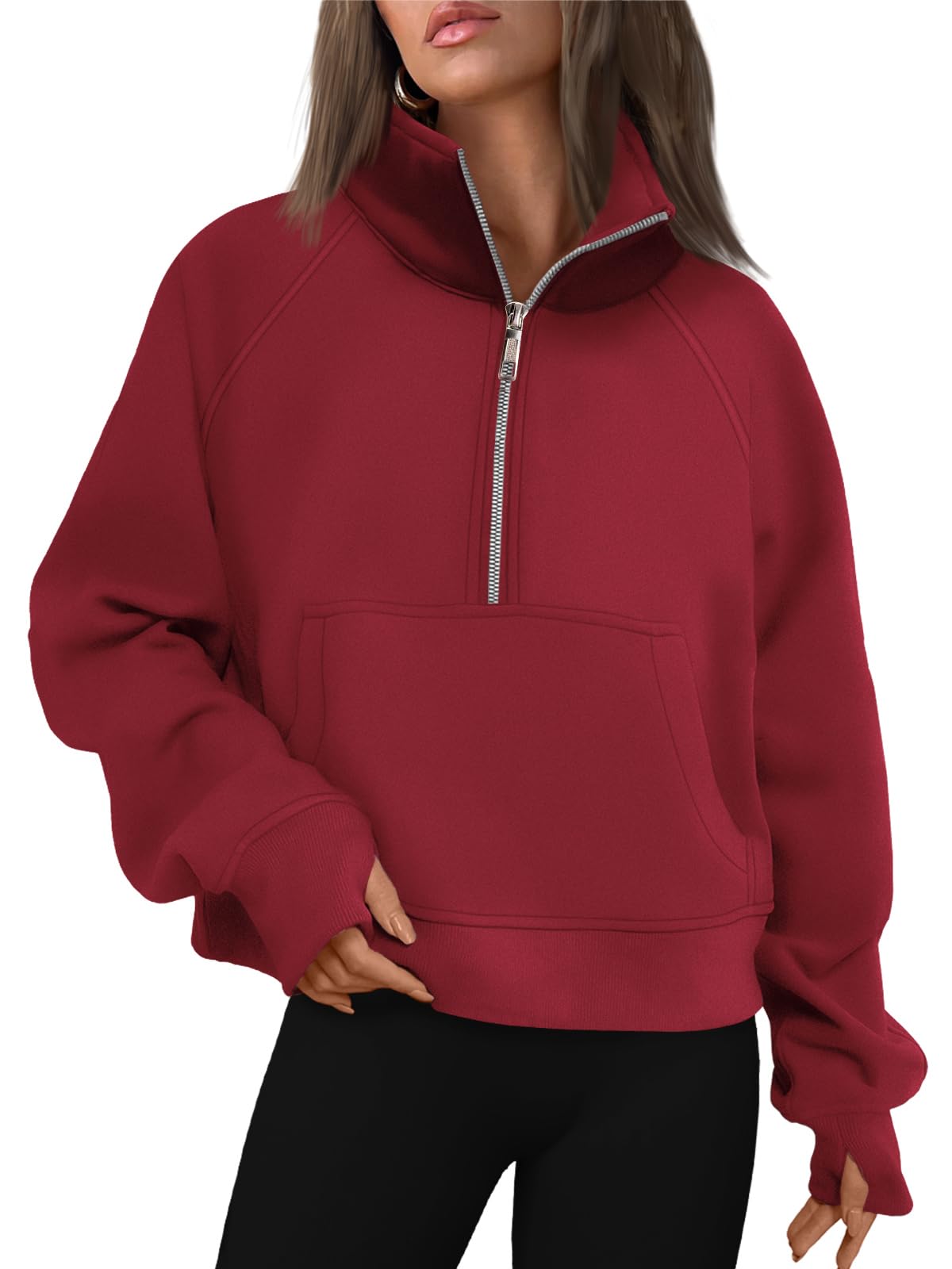 Womens Sweatshirts Half Zip Cropped Pullover Fleece Quarter Zipper Hoodies Fall outfits Clothes Thumb Hole