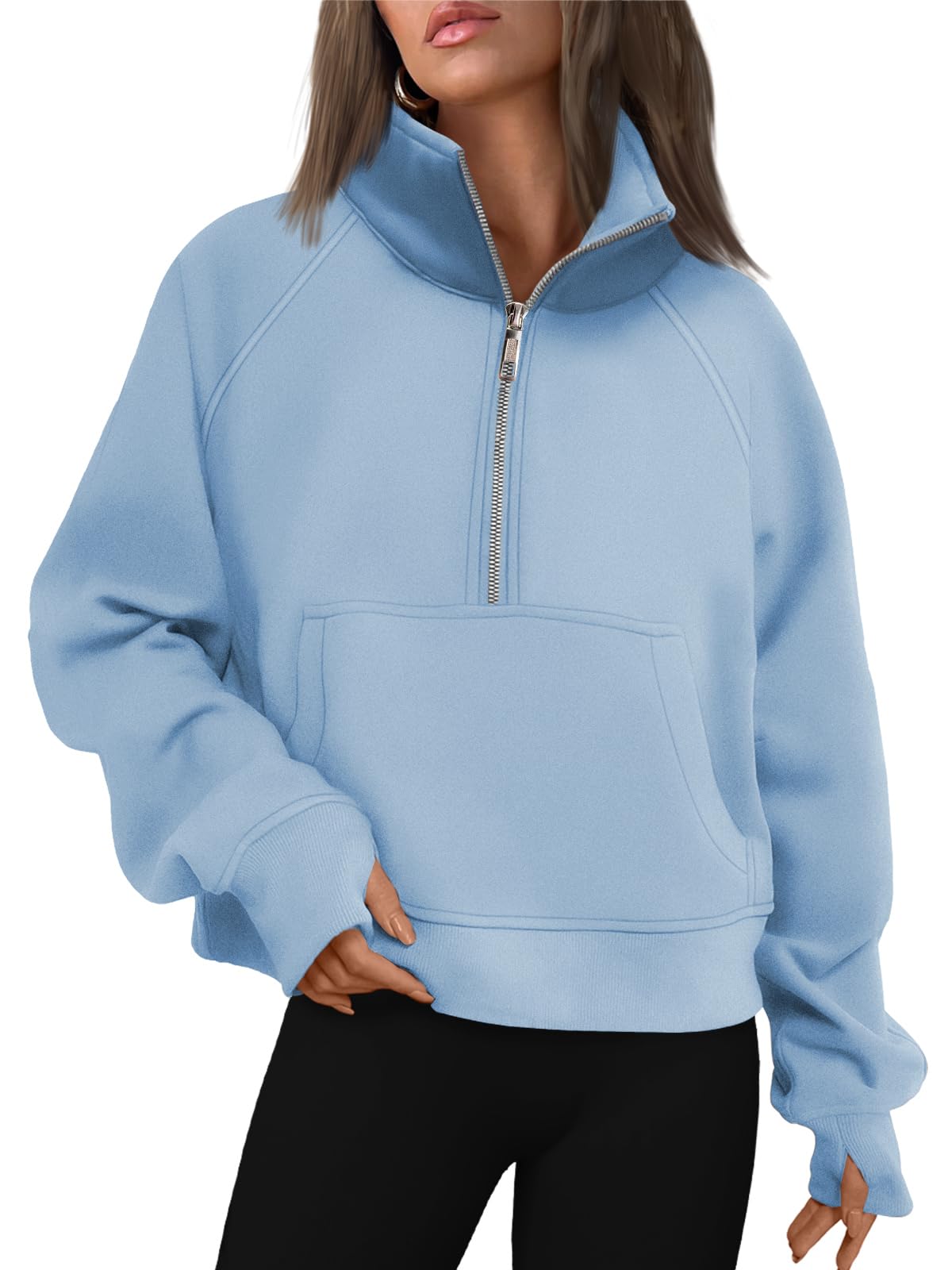 Womens Sweatshirts Half Zip Cropped Pullover Fleece Quarter Zipper Hoodies Fall outfits Clothes Thumb Hole
