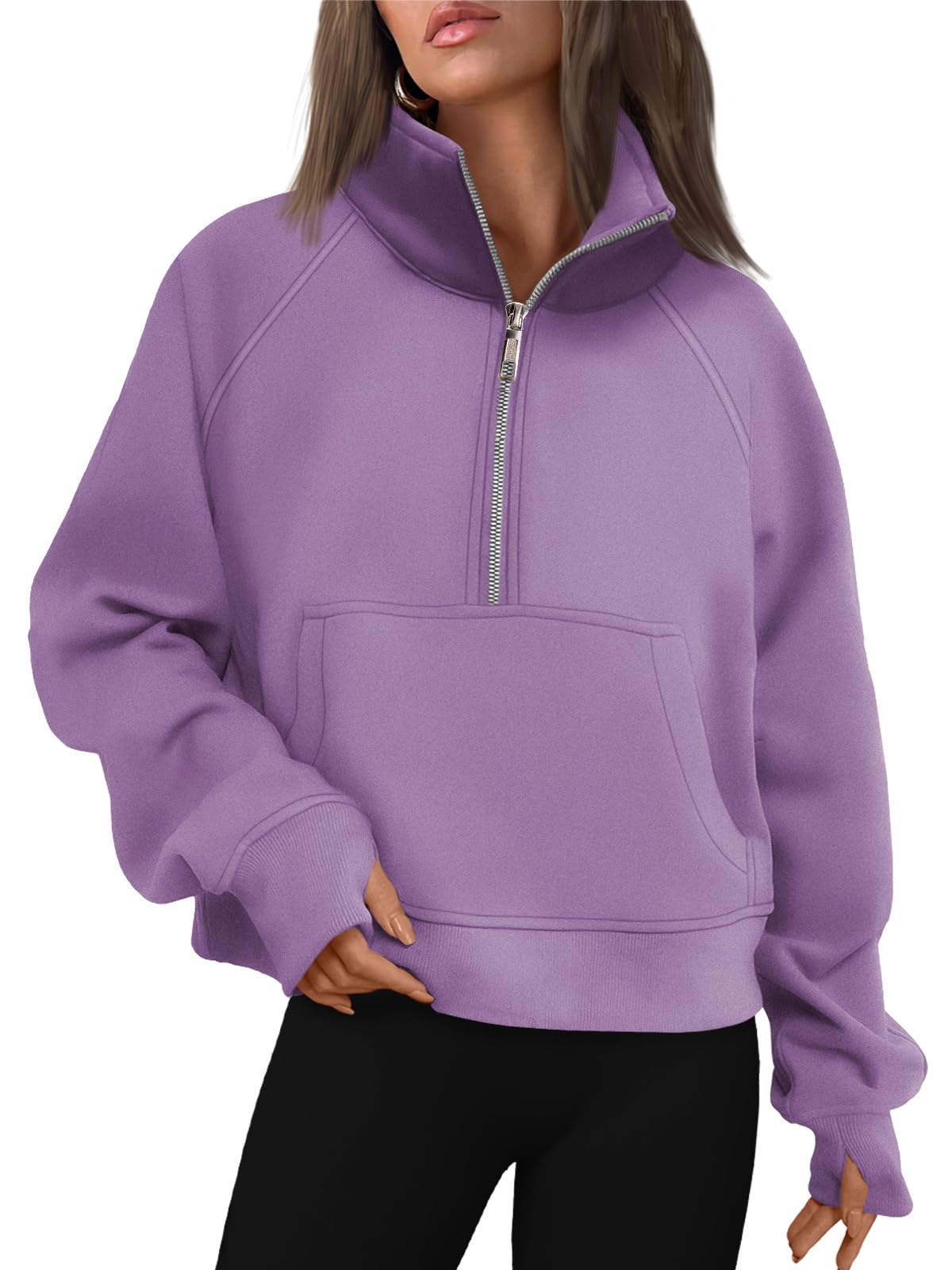 Womens Sweatshirts Half Zip Cropped Pullover Fleece Quarter Zipper Hoodies Fall outfits Clothes Thumb Hole