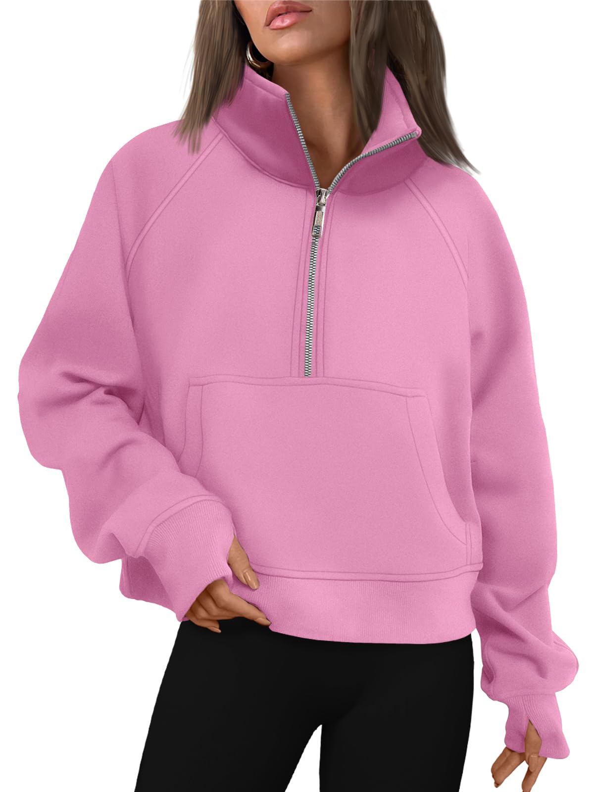 Womens Sweatshirts Half Zip Cropped Pullover Fleece Quarter Zipper Hoodies Fall outfits Clothes Thumb Hole