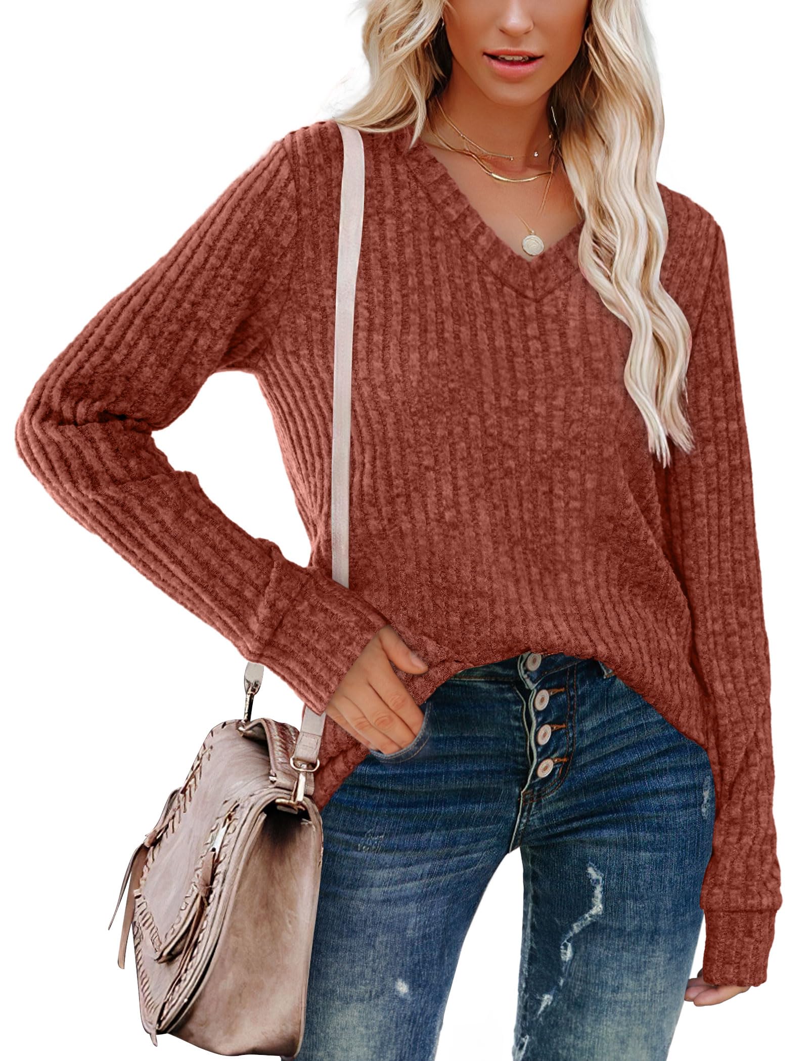 V Neck Long Sleeve Shirts for Women Casual Fall Tops Lightweight Tunic Sweaters Fashion Clothes 2024