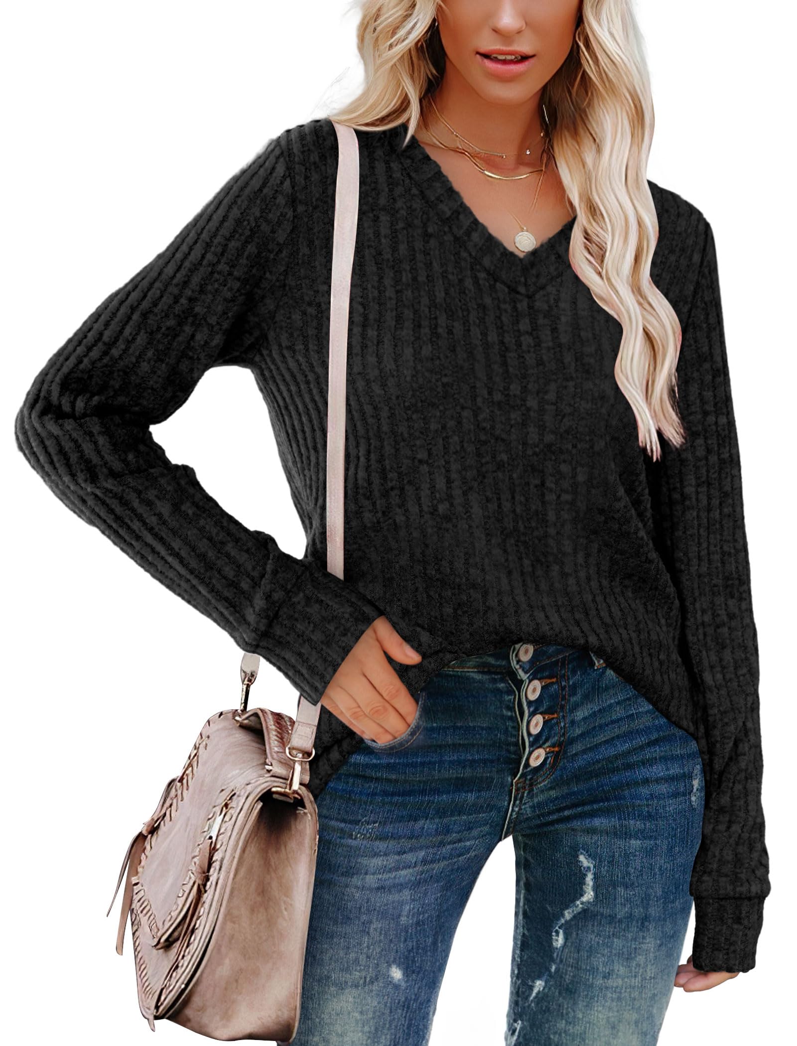 V Neck Long Sleeve Shirts for Women Casual Fall Tops Lightweight Tunic Sweaters Fashion Clothes 2024