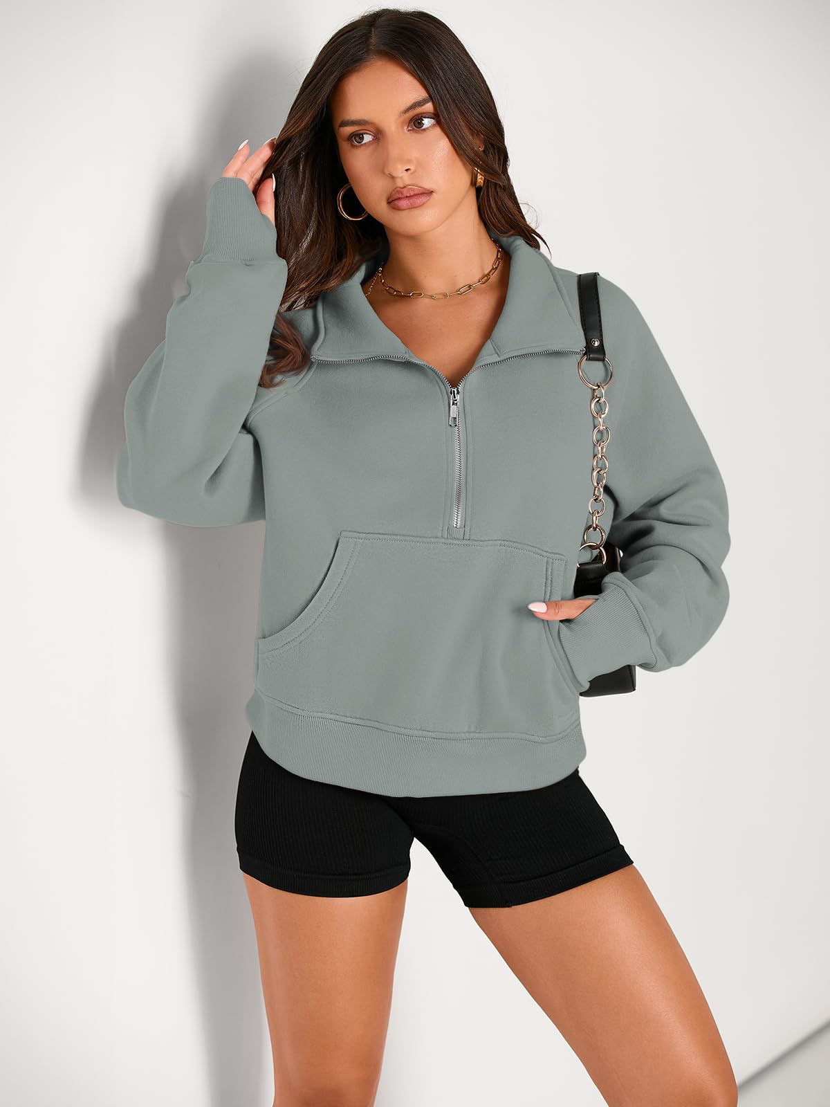 Womens Sweatshirts Half Zip Cropped Pullover Fleece Quarter Zipper Hoodies Fall outfits Clothes Thumb Hole