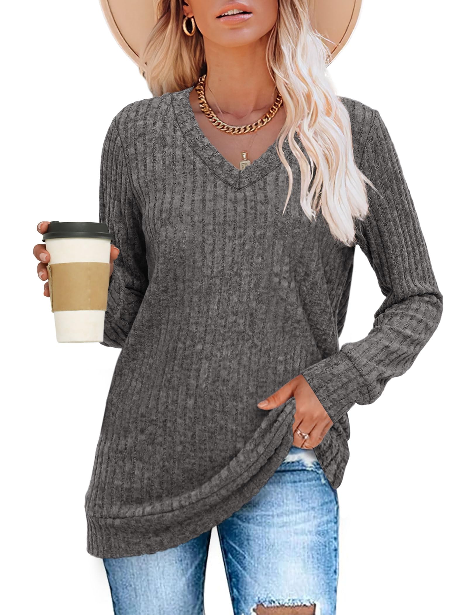 V Neck Long Sleeve Shirts for Women Casual Fall Tops Lightweight Tunic Sweaters Fashion Clothes 2024