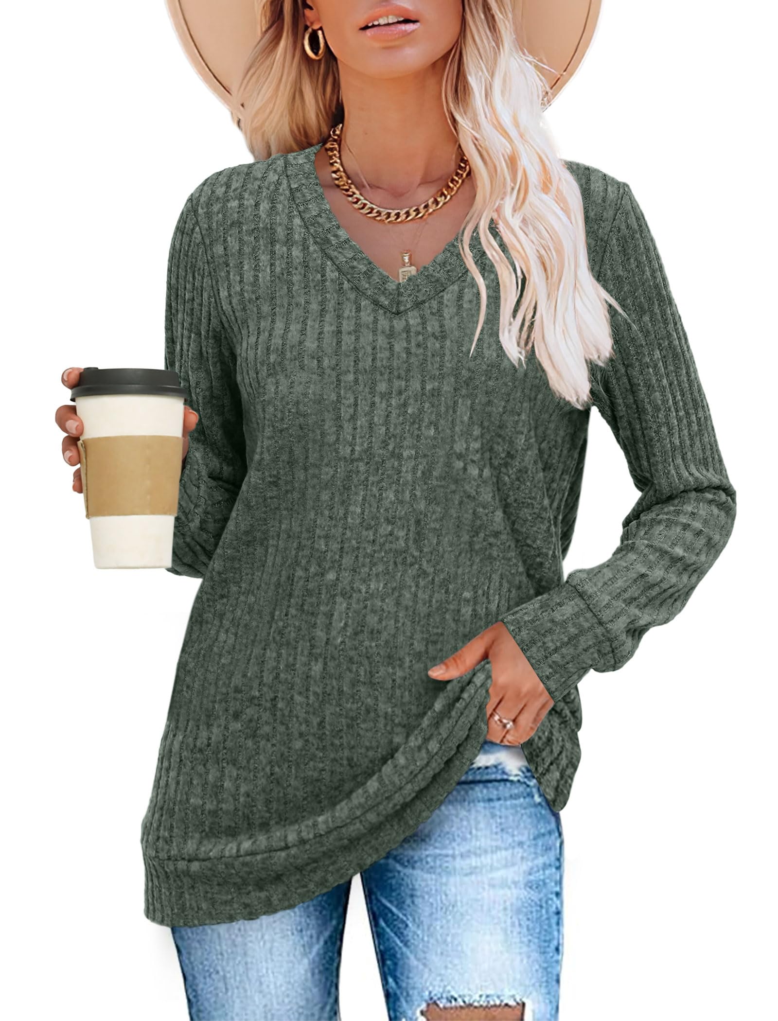 V Neck Long Sleeve Shirts for Women Casual Fall Tops Lightweight Tunic Sweaters Fashion Clothes 2024