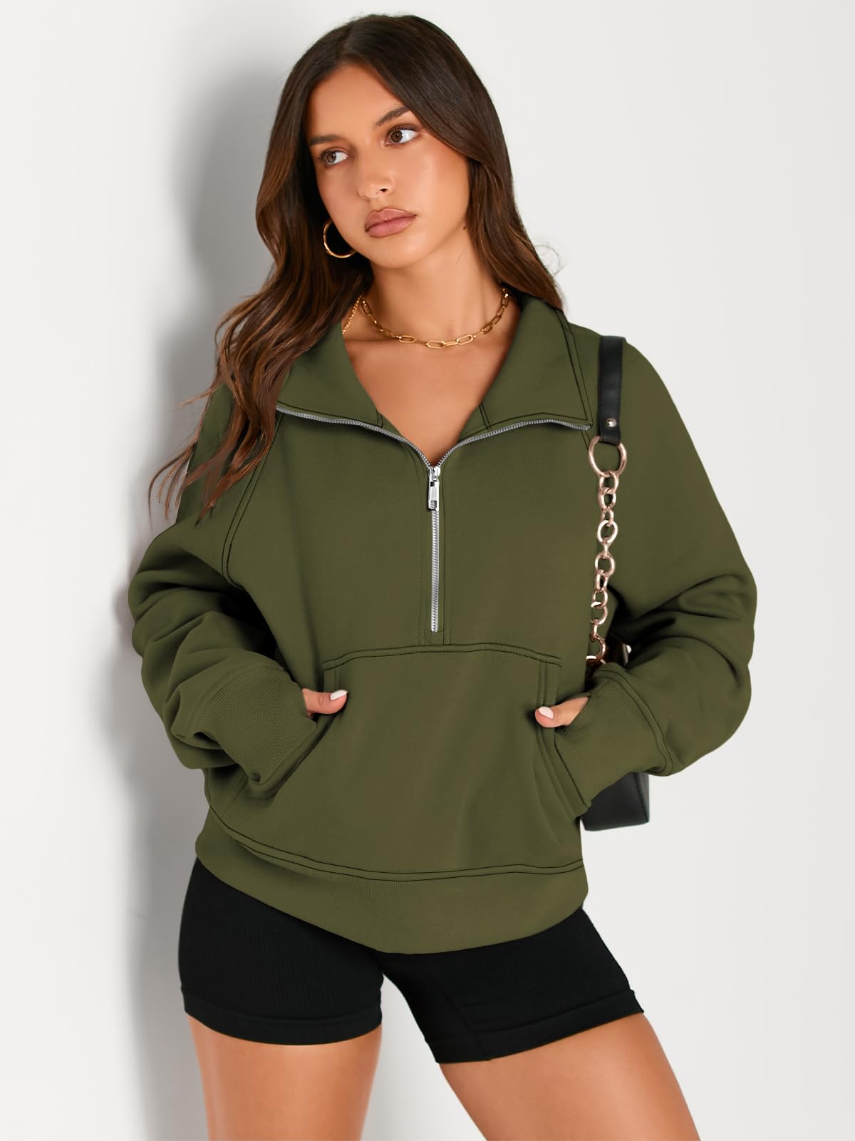 Womens Sweatshirts Half Zip Cropped Pullover Fleece Quarter Zipper Hoodies Fall outfits Clothes Thumb Hole