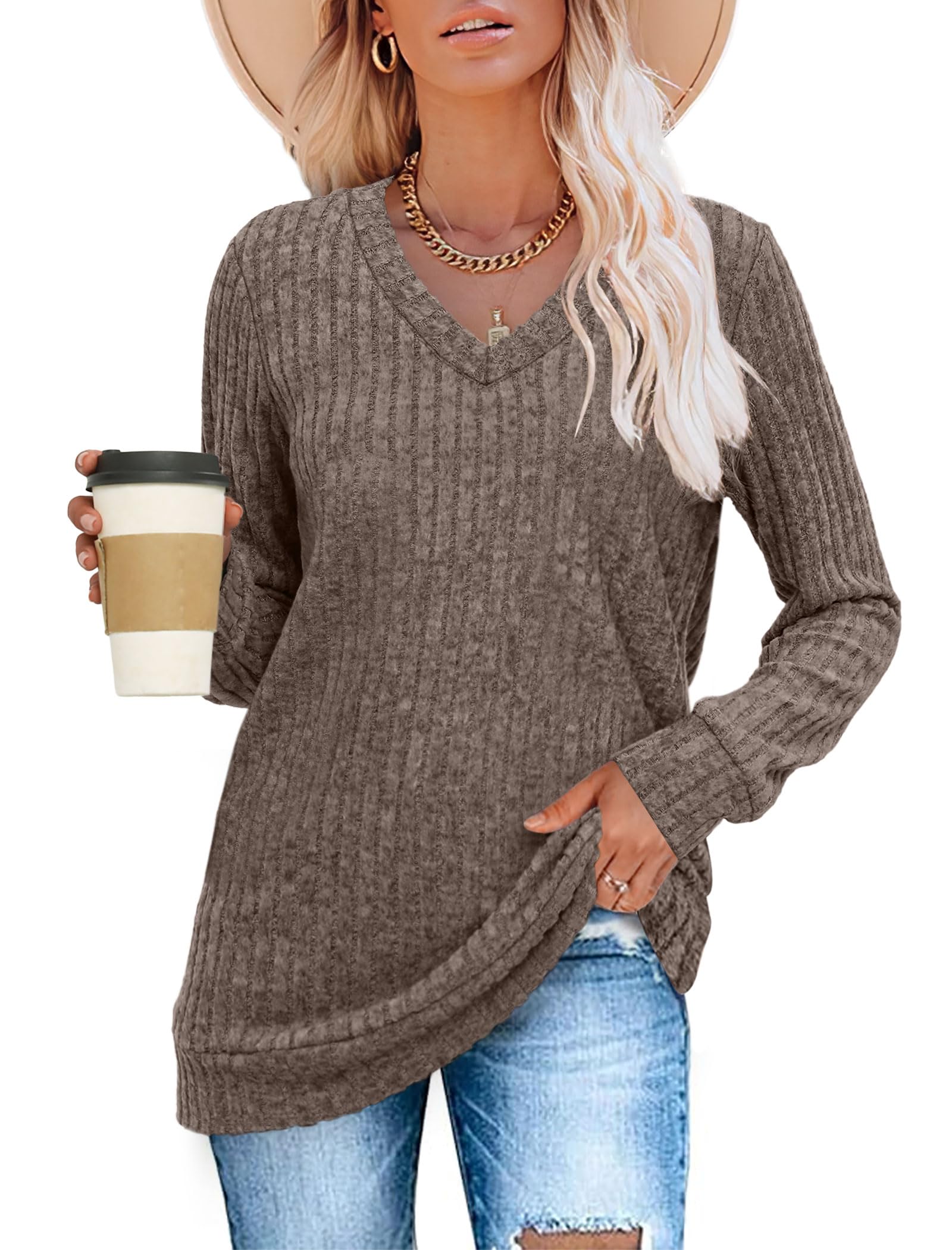 V Neck Long Sleeve Shirts for Women Casual Fall Tops Lightweight Tunic Sweaters Fashion Clothes 2024