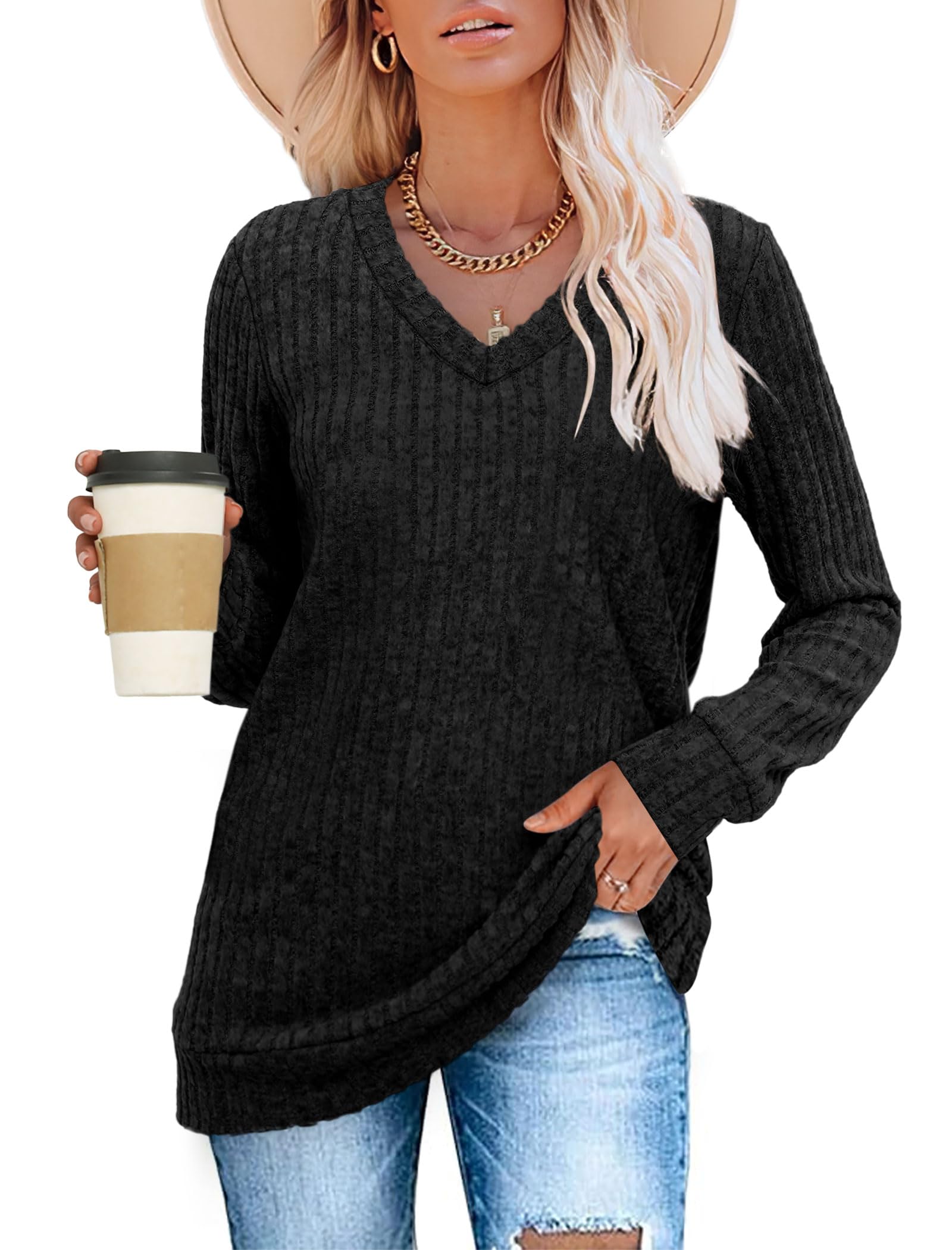 V Neck Long Sleeve Shirts for Women Casual Fall Tops Lightweight Tunic Sweaters Fashion Clothes 2024