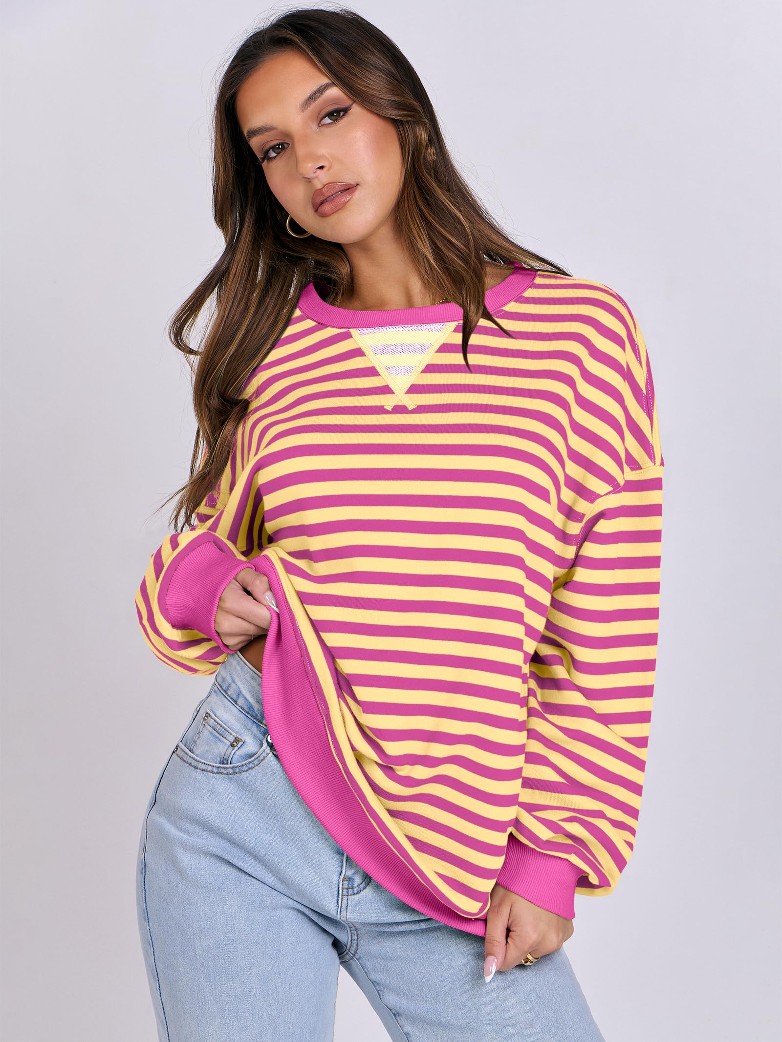 Women Striped Oversized Sweatshirt Long Sleeve Crewneck Hoodies Shirts 2024 Fall Pullover Top Trendy Preppy Clothes