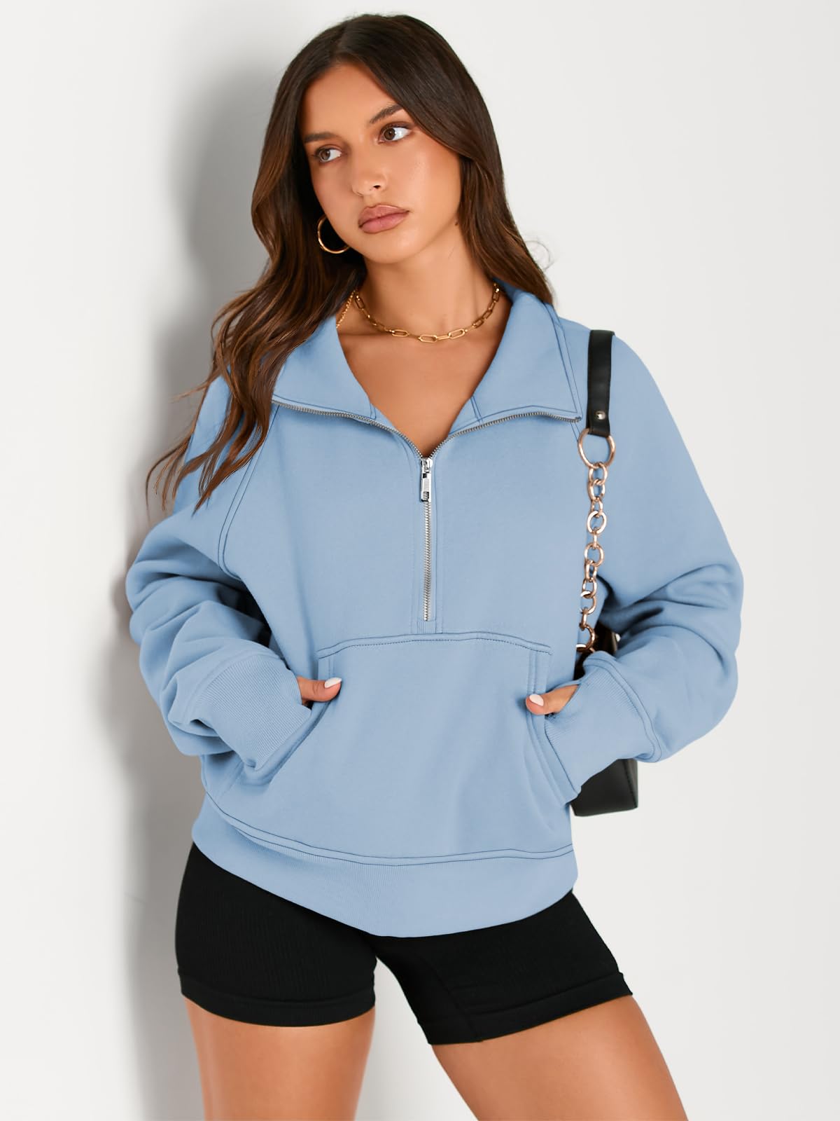 Womens Sweatshirts Half Zip Cropped Pullover Fleece Quarter Zipper Hoodies Fall outfits Clothes Thumb Hole