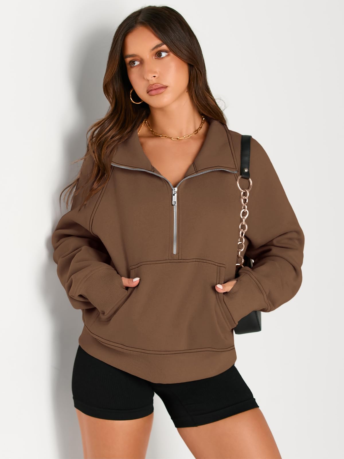 Womens Sweatshirts Half Zip Cropped Pullover Fleece Quarter Zipper Hoodies Fall outfits Clothes Thumb Hole