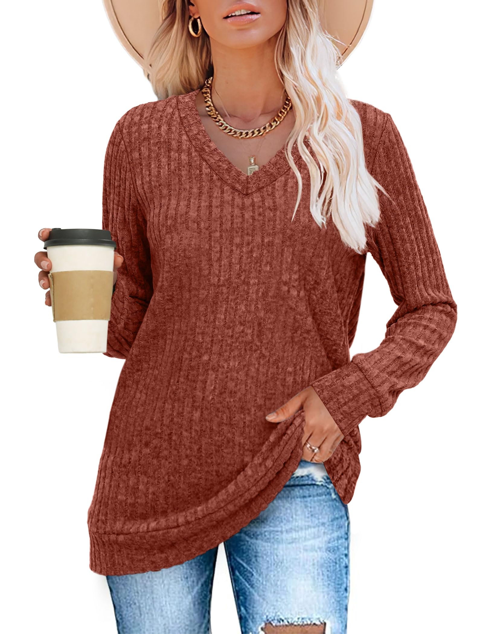 V Neck Long Sleeve Shirts for Women Casual Fall Tops Lightweight Tunic Sweaters Fashion Clothes 2024