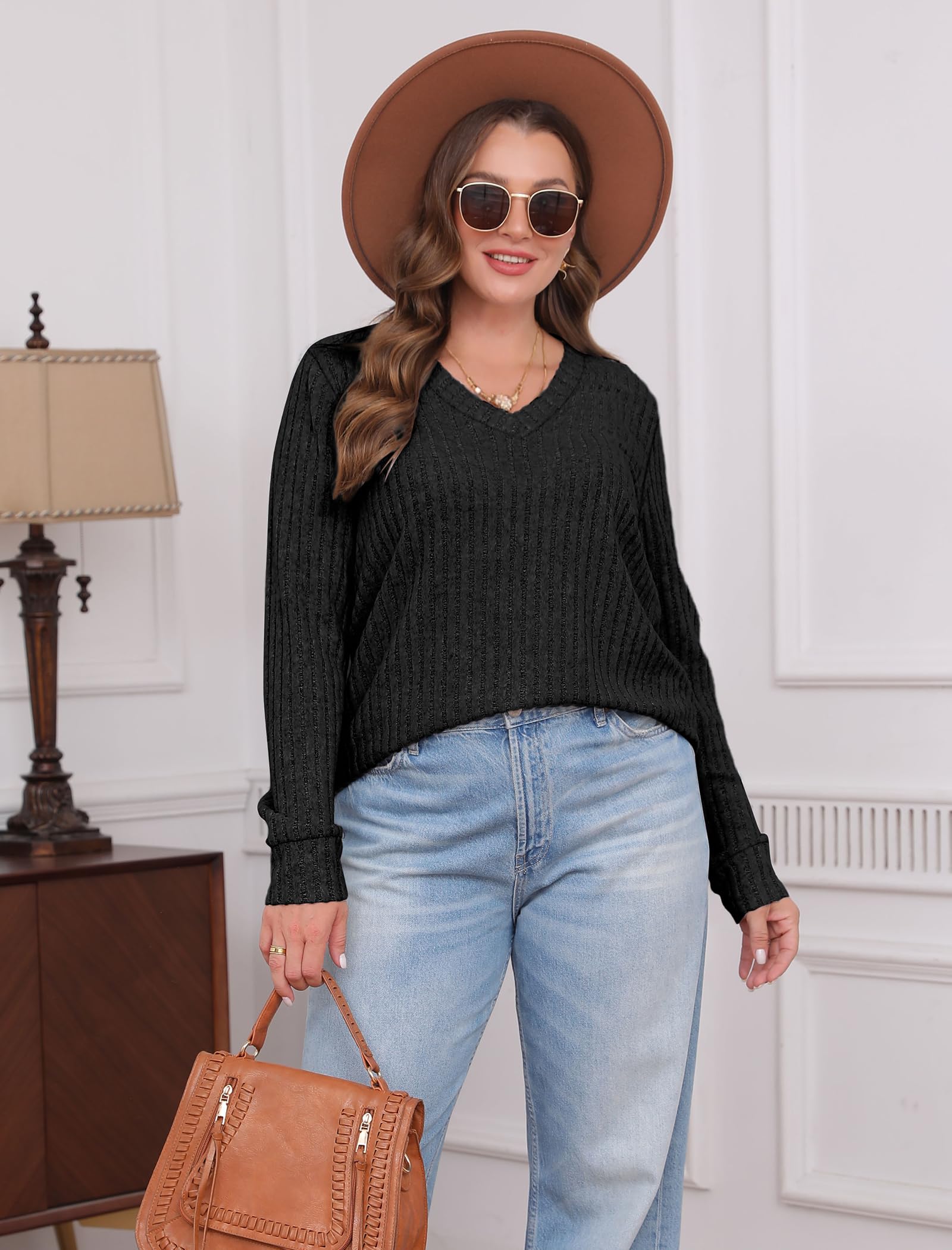 V Neck Long Sleeve Shirts for Women Casual Fall Tops Lightweight Tunic Sweaters Fashion Clothes 2024