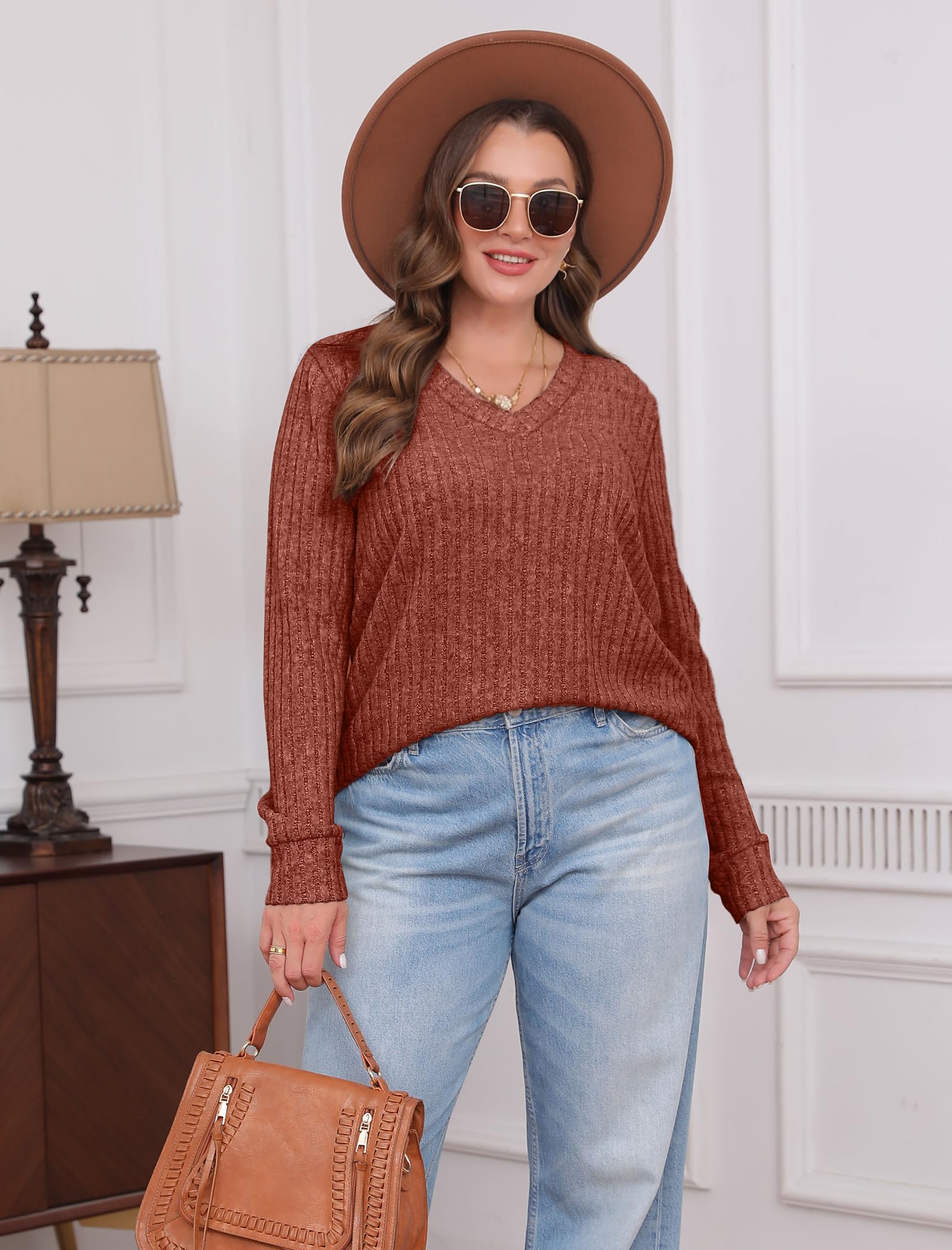 V Neck Long Sleeve Shirts for Women Casual Fall Tops Lightweight Tunic Sweaters Fashion Clothes 2024
