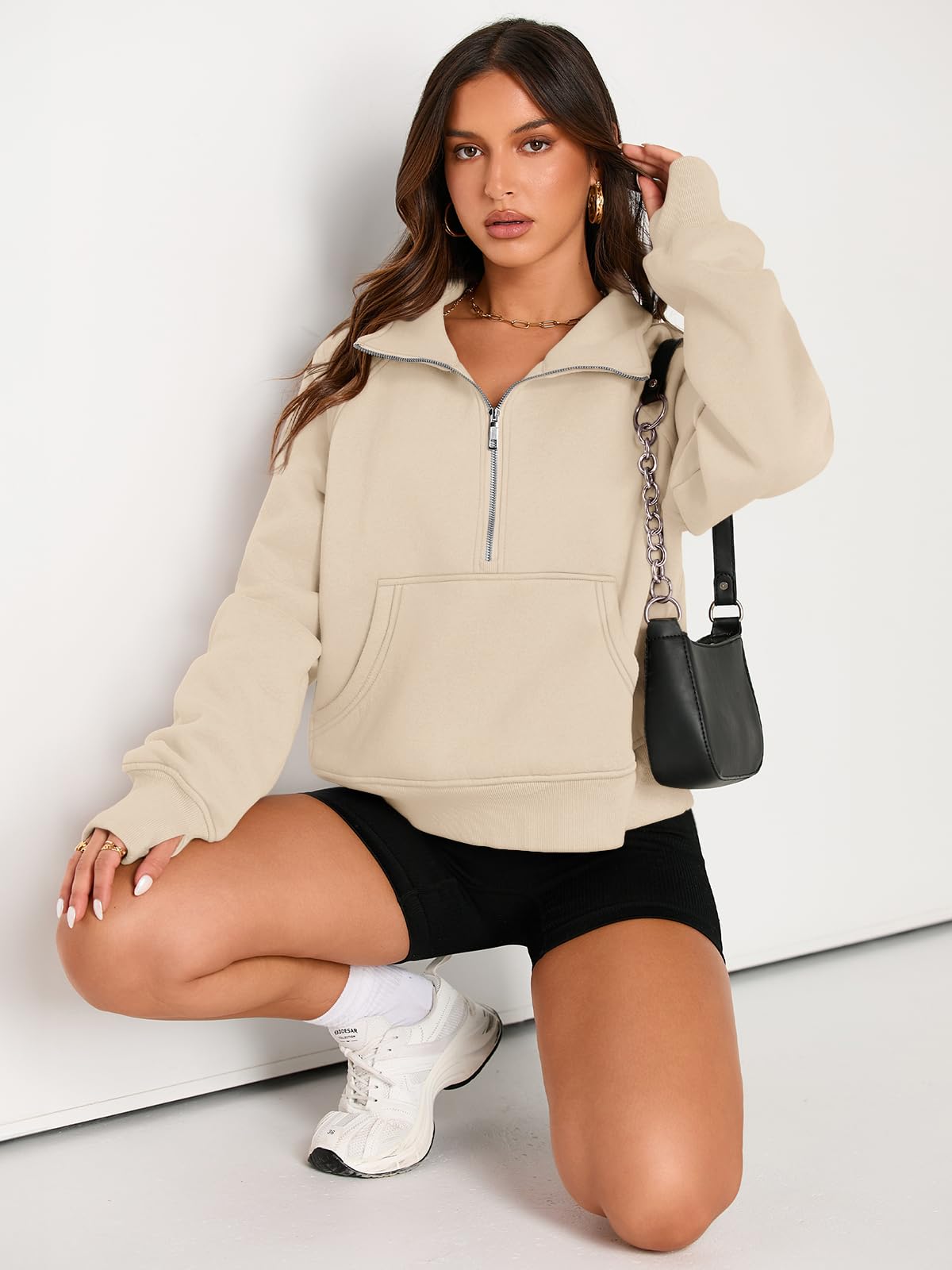 Womens Sweatshirts Half Zip Cropped Pullover Fleece Quarter Zipper Hoodies Fall outfits Clothes Thumb Hole
