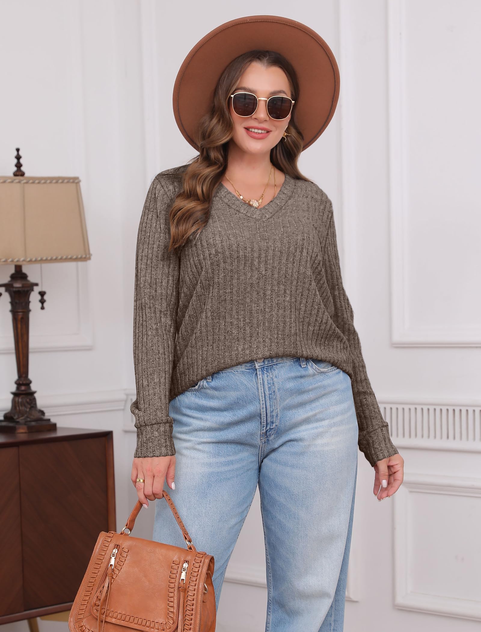 V Neck Long Sleeve Shirts for Women Casual Fall Tops Lightweight Tunic Sweaters Fashion Clothes 2024