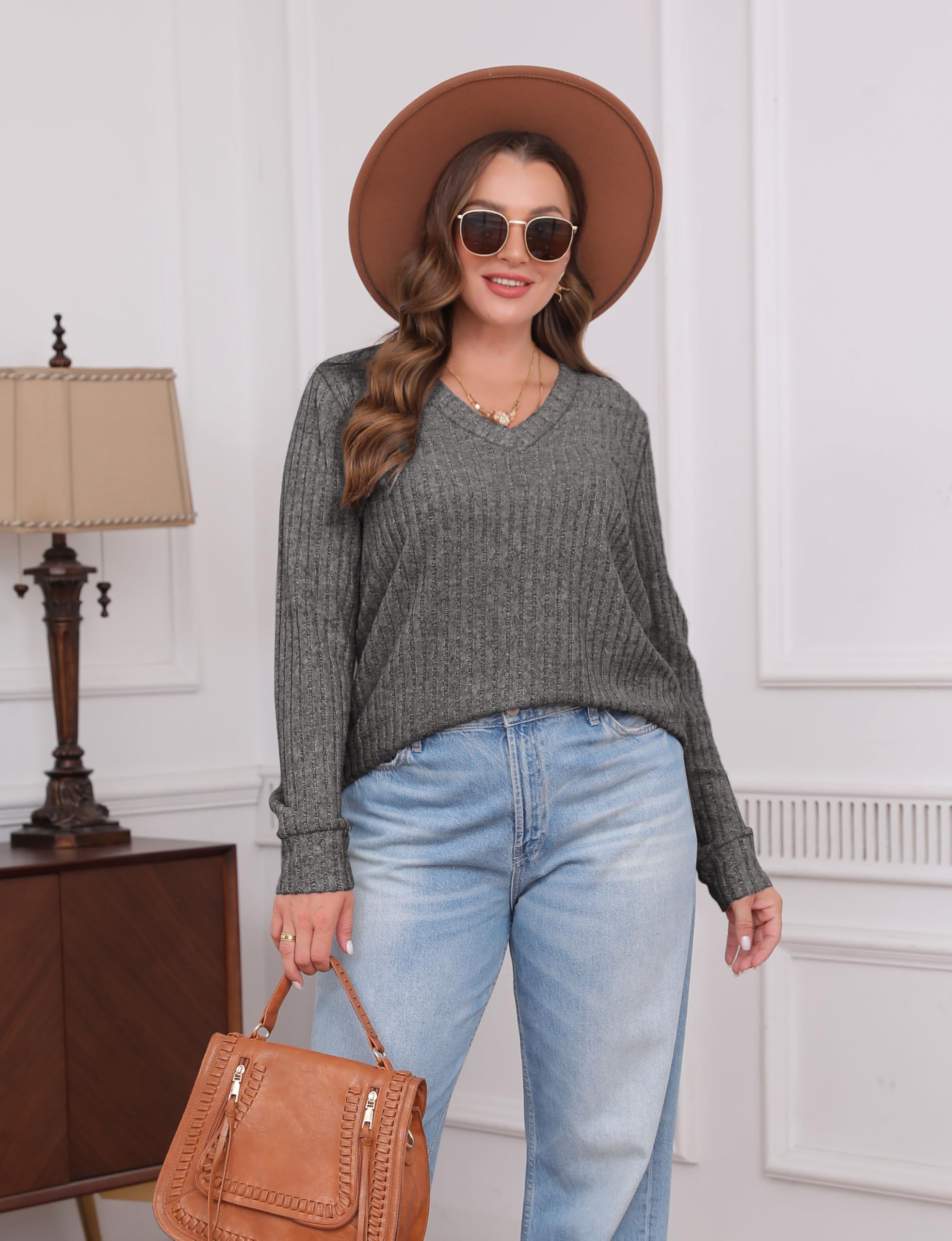 V Neck Long Sleeve Shirts for Women Casual Fall Tops Lightweight Tunic Sweaters Fashion Clothes 2024