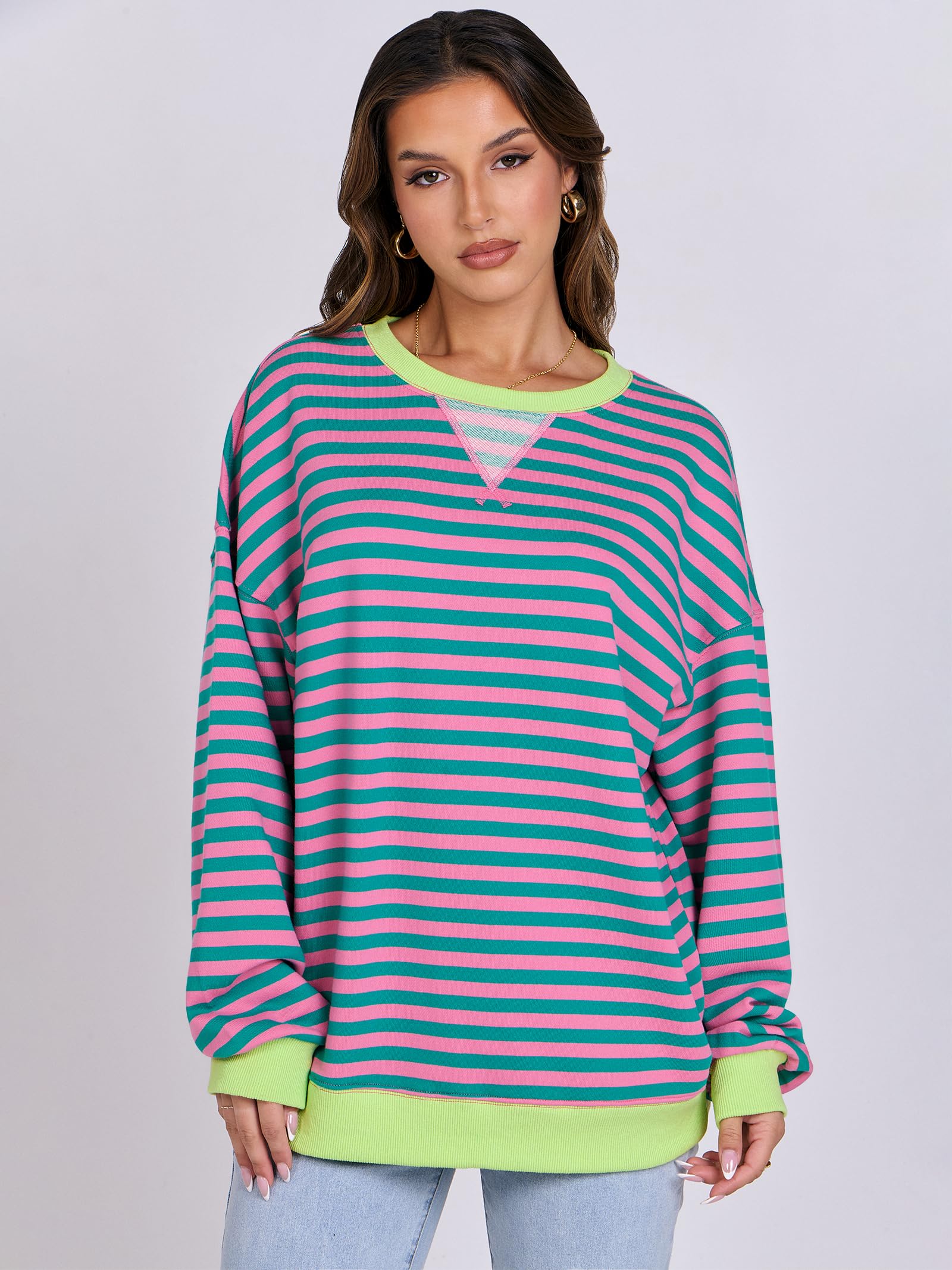 Women Striped Oversized Sweatshirt Long Sleeve Crewneck Hoodies Shirts 2024 Fall Pullover Top Trendy Preppy Clothes