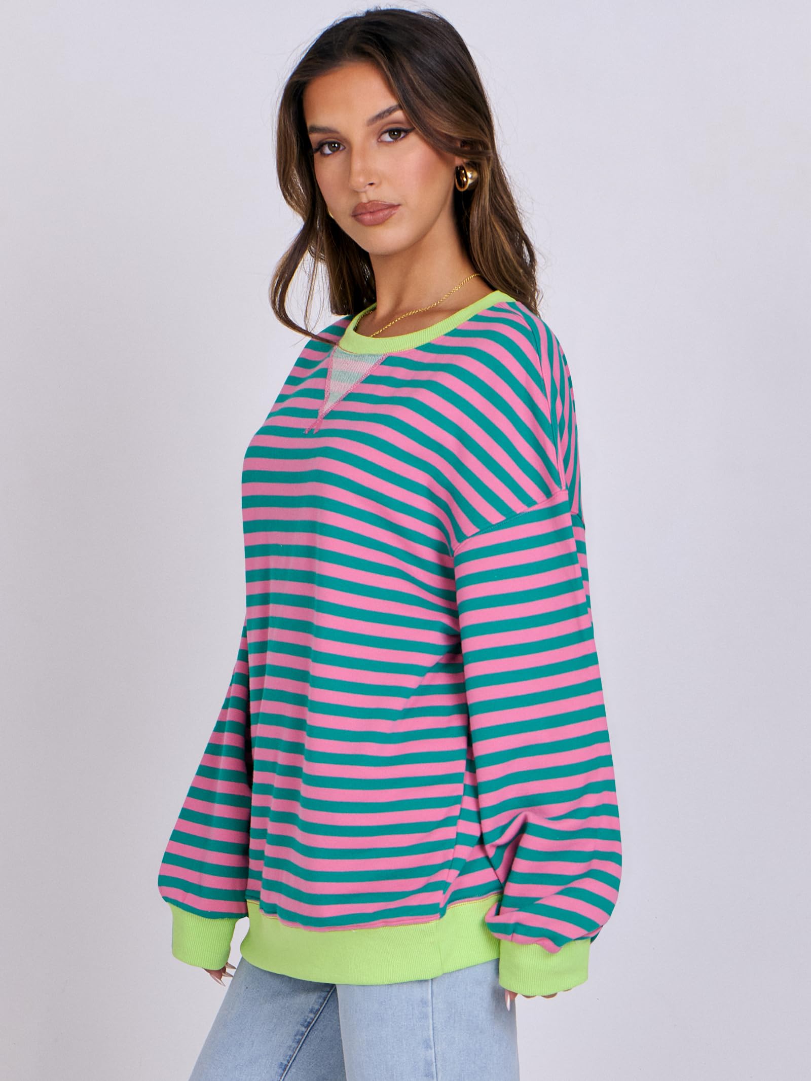Women Striped Oversized Sweatshirt Long Sleeve Crewneck Hoodies Shirts 2024 Fall Pullover Top Trendy Preppy Clothes