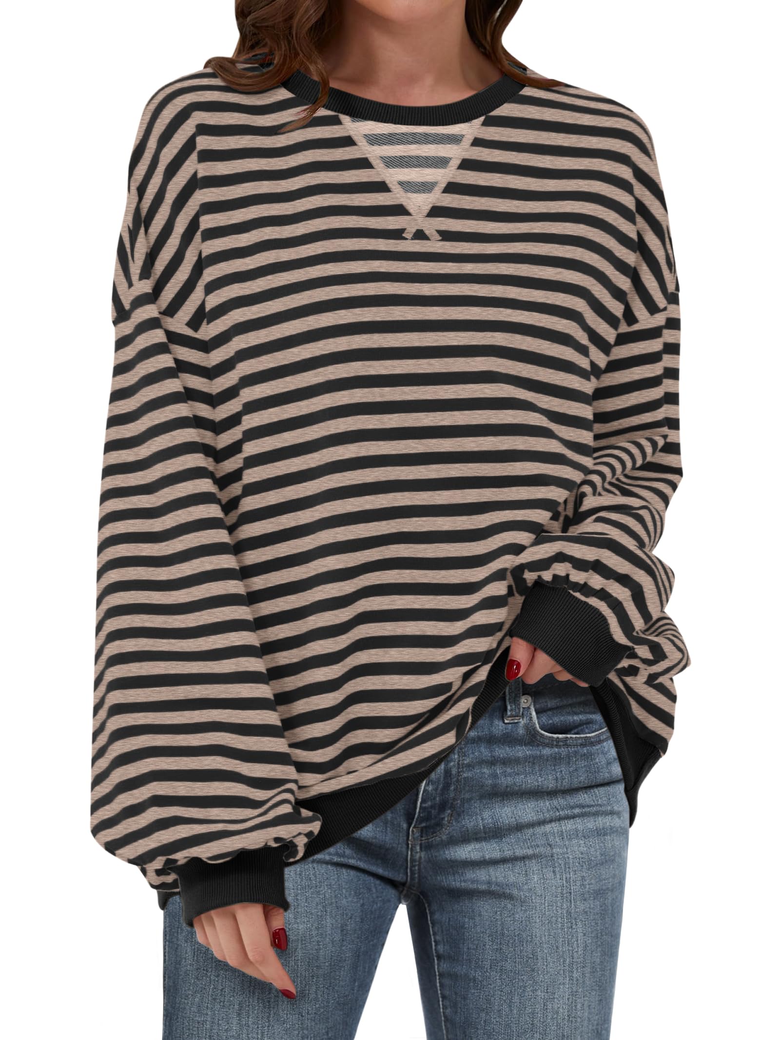 Women Striped Oversized Sweatshirt Long Sleeve Crewneck Hoodies Shirts 2024 Fall Pullover Top Trendy Preppy Clothes