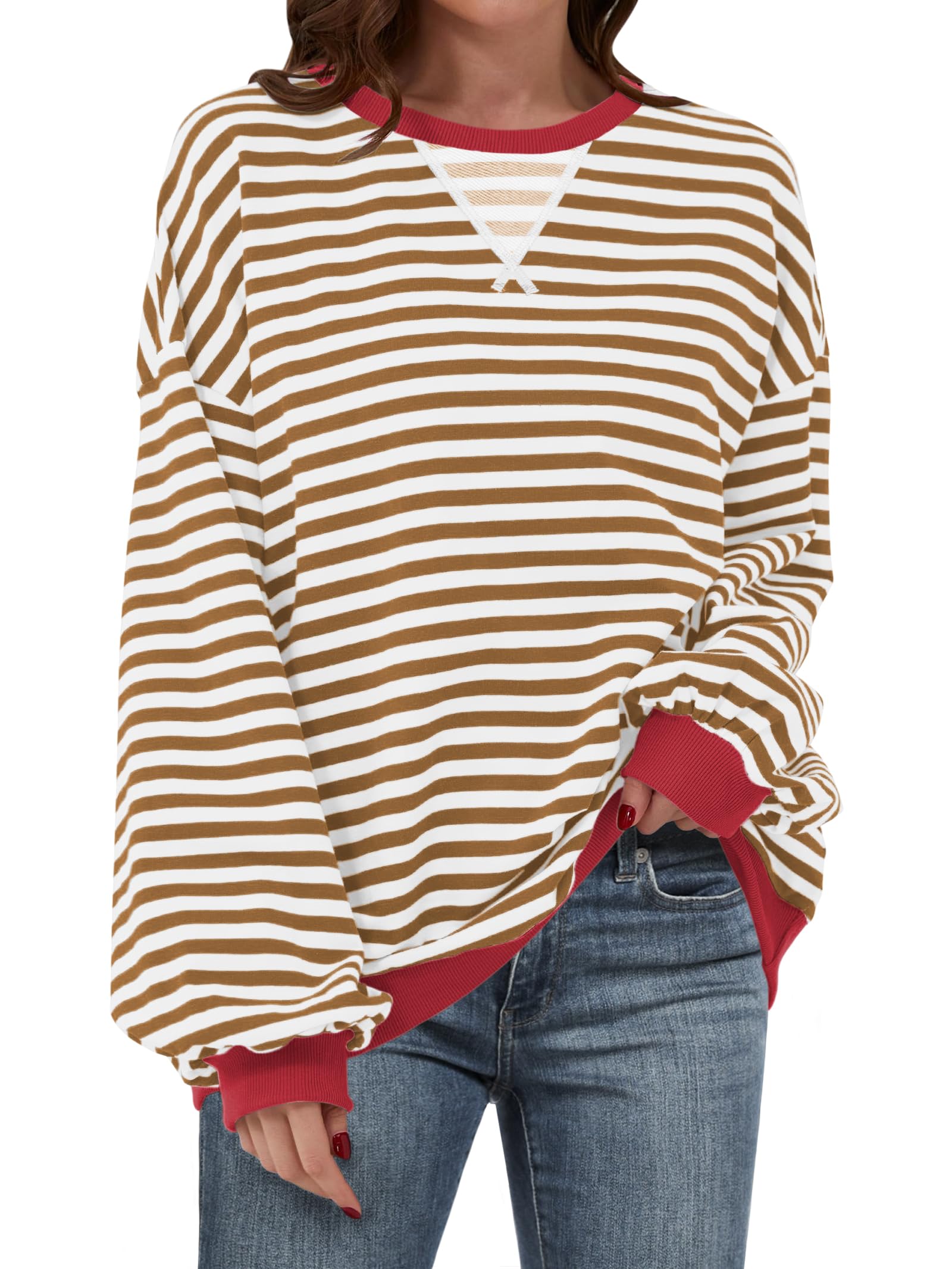 Women Striped Oversized Sweatshirt Long Sleeve Crewneck Hoodies Shirts 2024 Fall Pullover Top Trendy Preppy Clothes