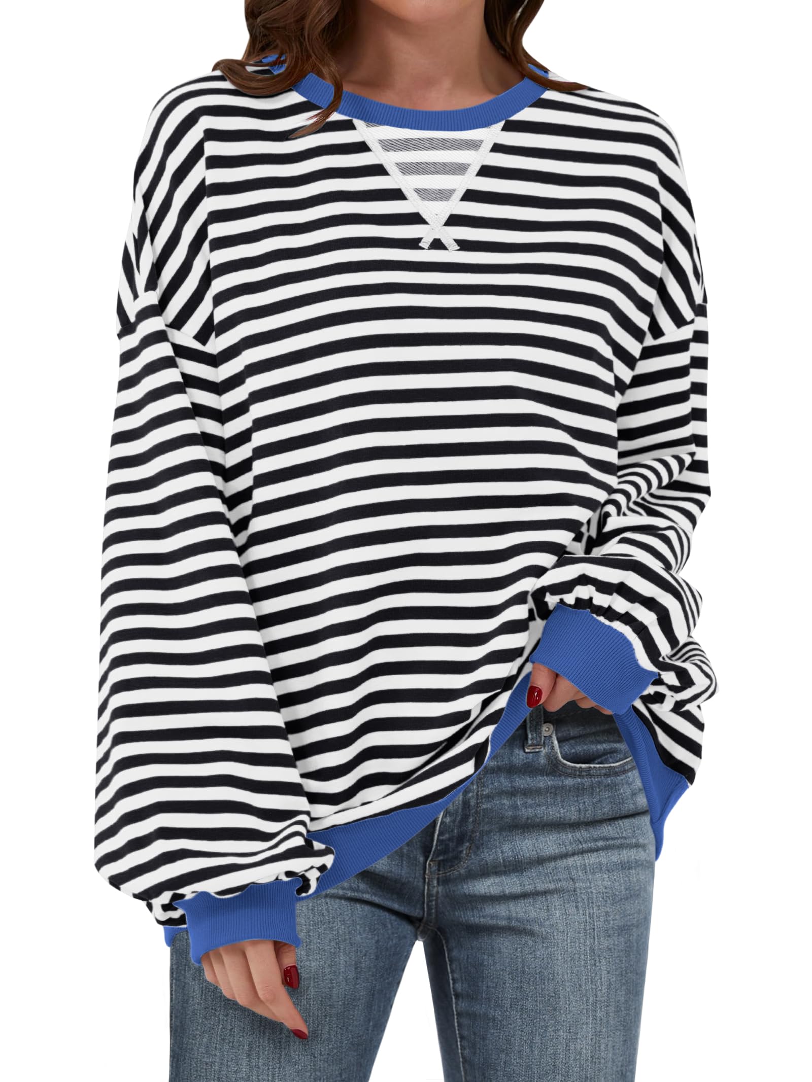 Women Striped Oversized Sweatshirt Long Sleeve Crewneck Hoodies Shirts 2024 Fall Pullover Top Trendy Preppy Clothes