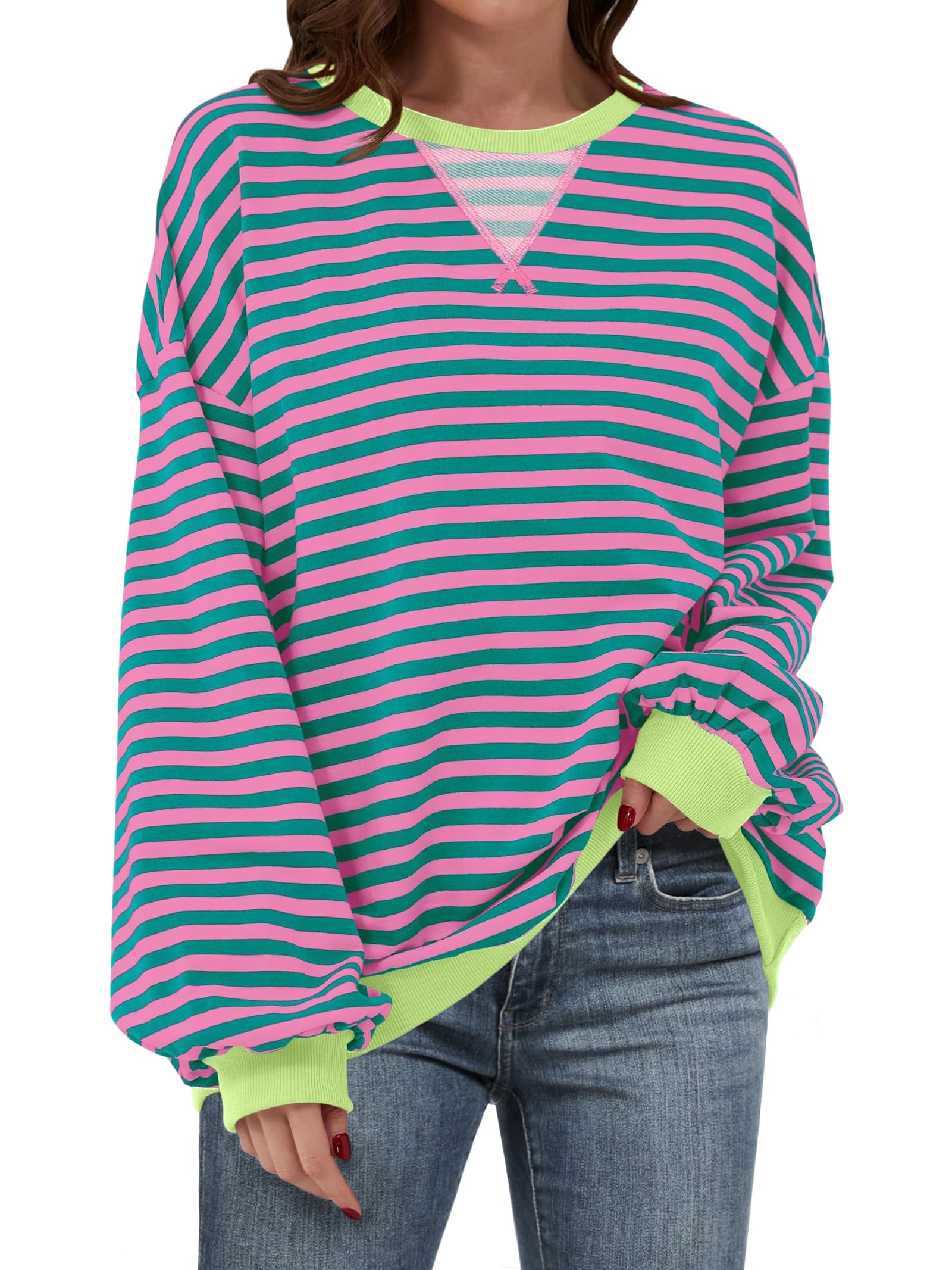 Women Striped Oversized Sweatshirt Long Sleeve Crewneck Hoodies Shirts 2024 Fall Pullover Top Trendy Preppy Clothes