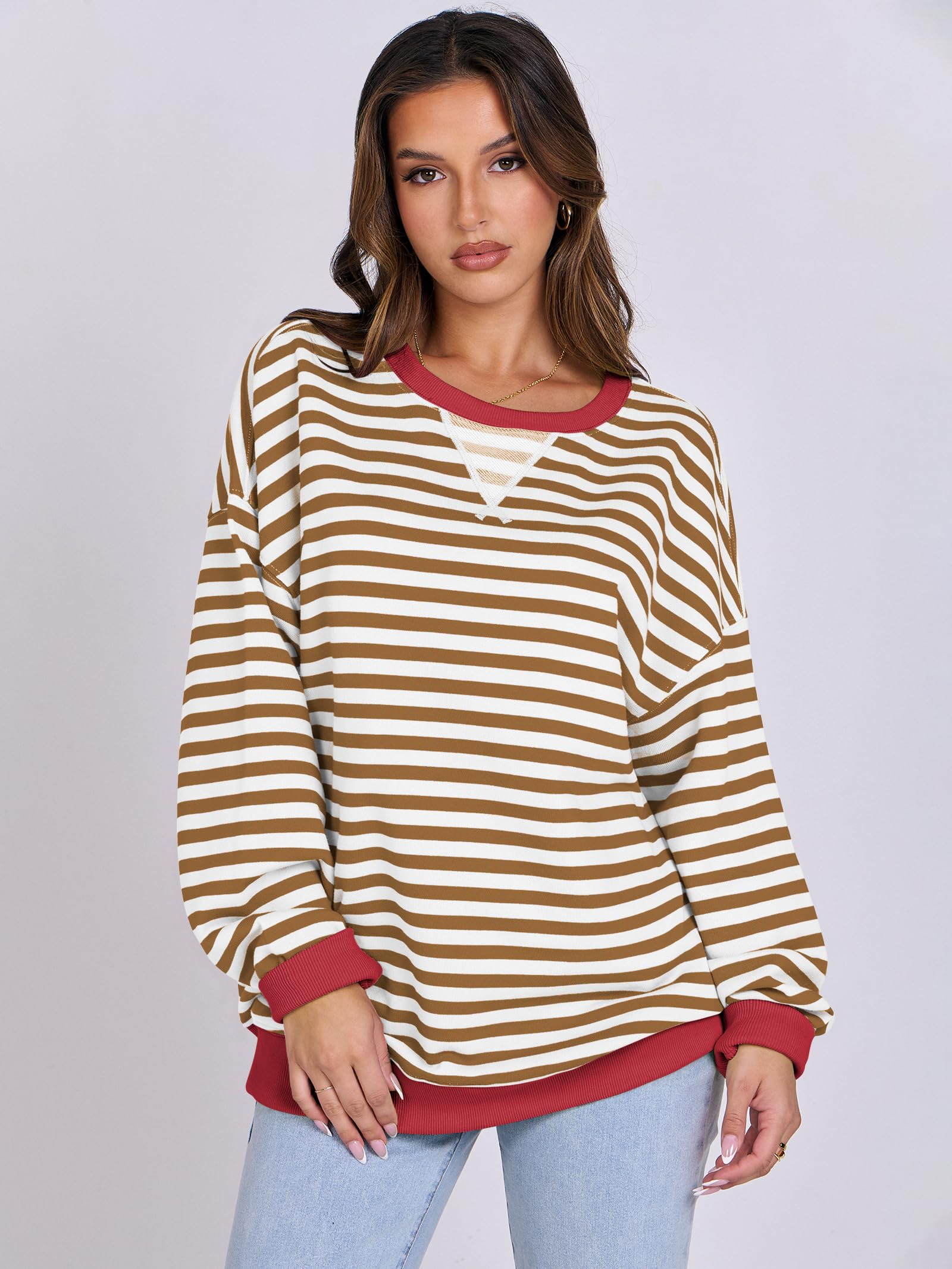 Women Striped Oversized Sweatshirt Long Sleeve Crewneck Hoodies Shirts 2024 Fall Pullover Top Trendy Preppy Clothes