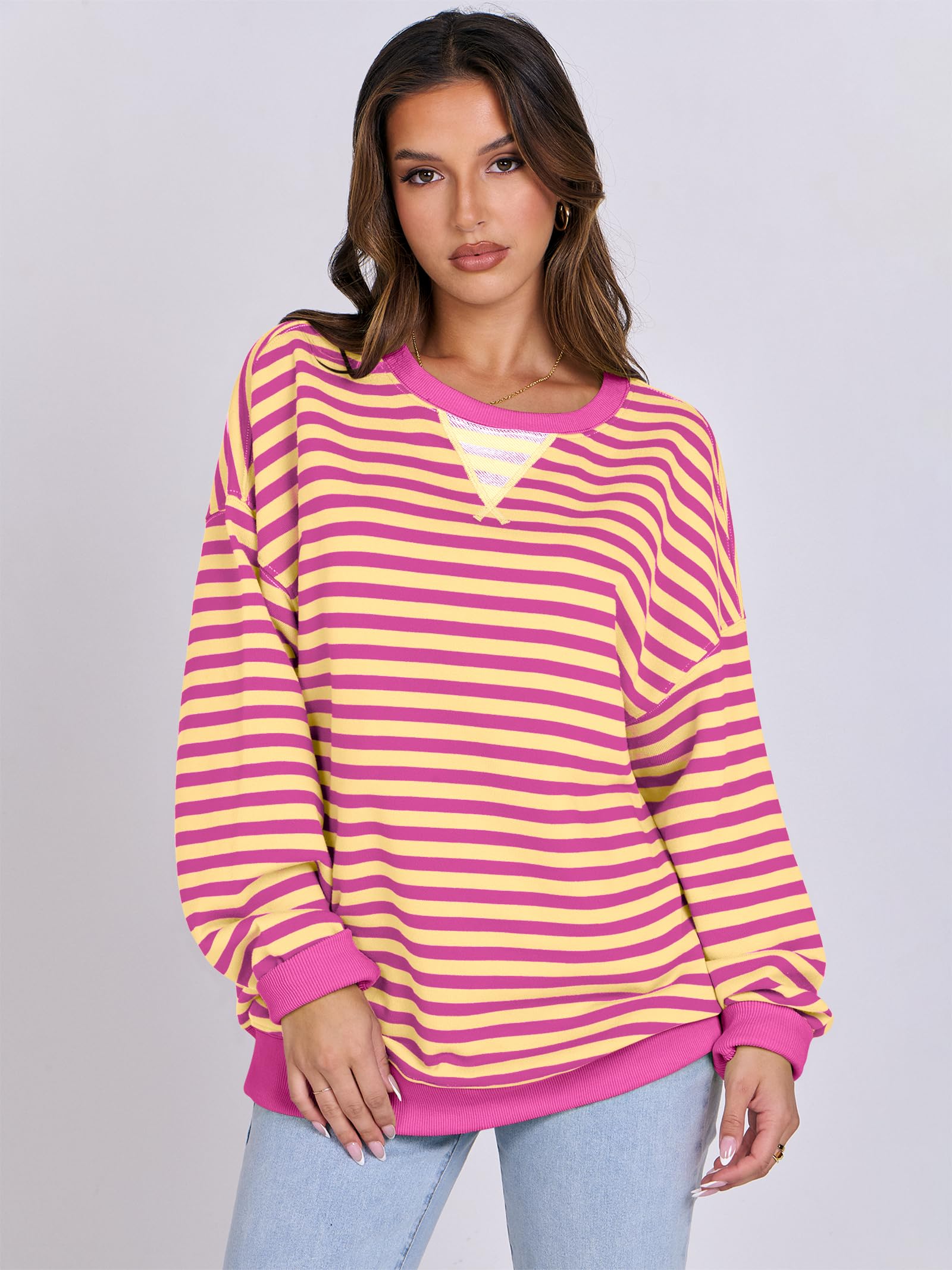 Women Striped Oversized Sweatshirt Long Sleeve Crewneck Hoodies Shirts 2024 Fall Pullover Top Trendy Preppy Clothes