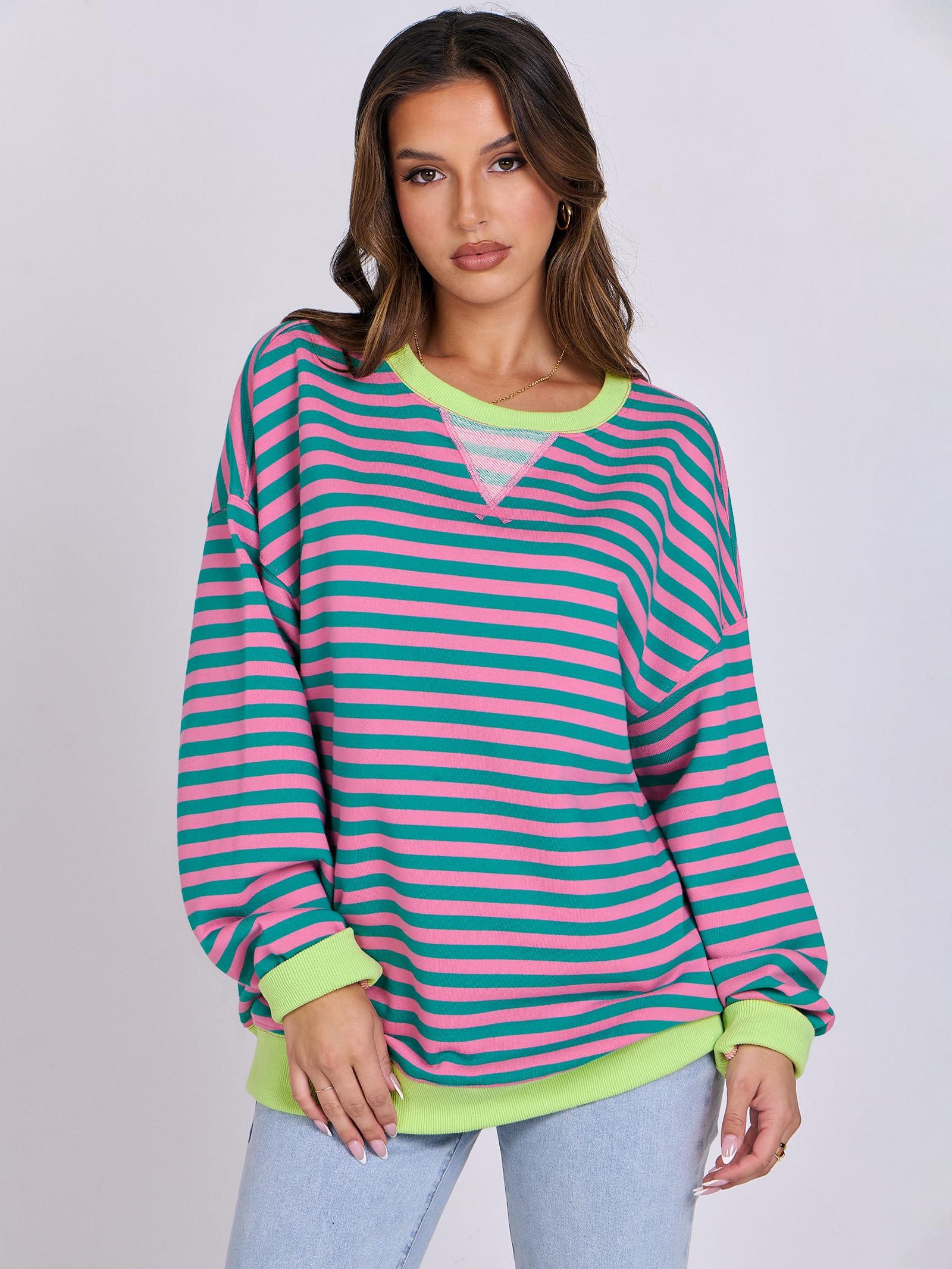 Women Striped Oversized Sweatshirt Long Sleeve Crewneck Hoodies Shirts 2024 Fall Pullover Top Trendy Preppy Clothes