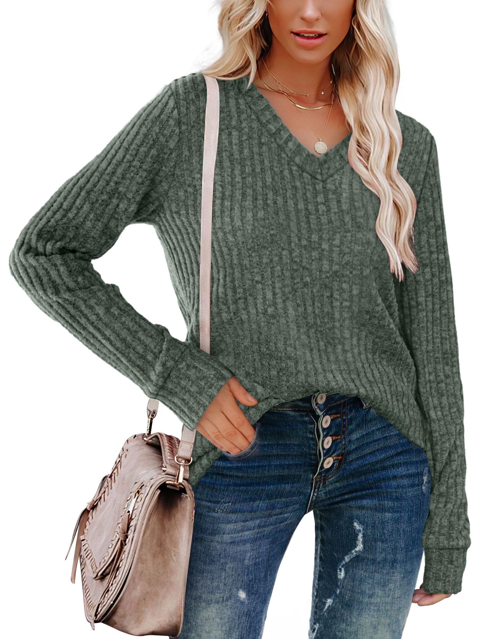 V Neck Long Sleeve Shirts for Women Casual Fall Tops Lightweight Tunic Sweaters Fashion Clothes 2024