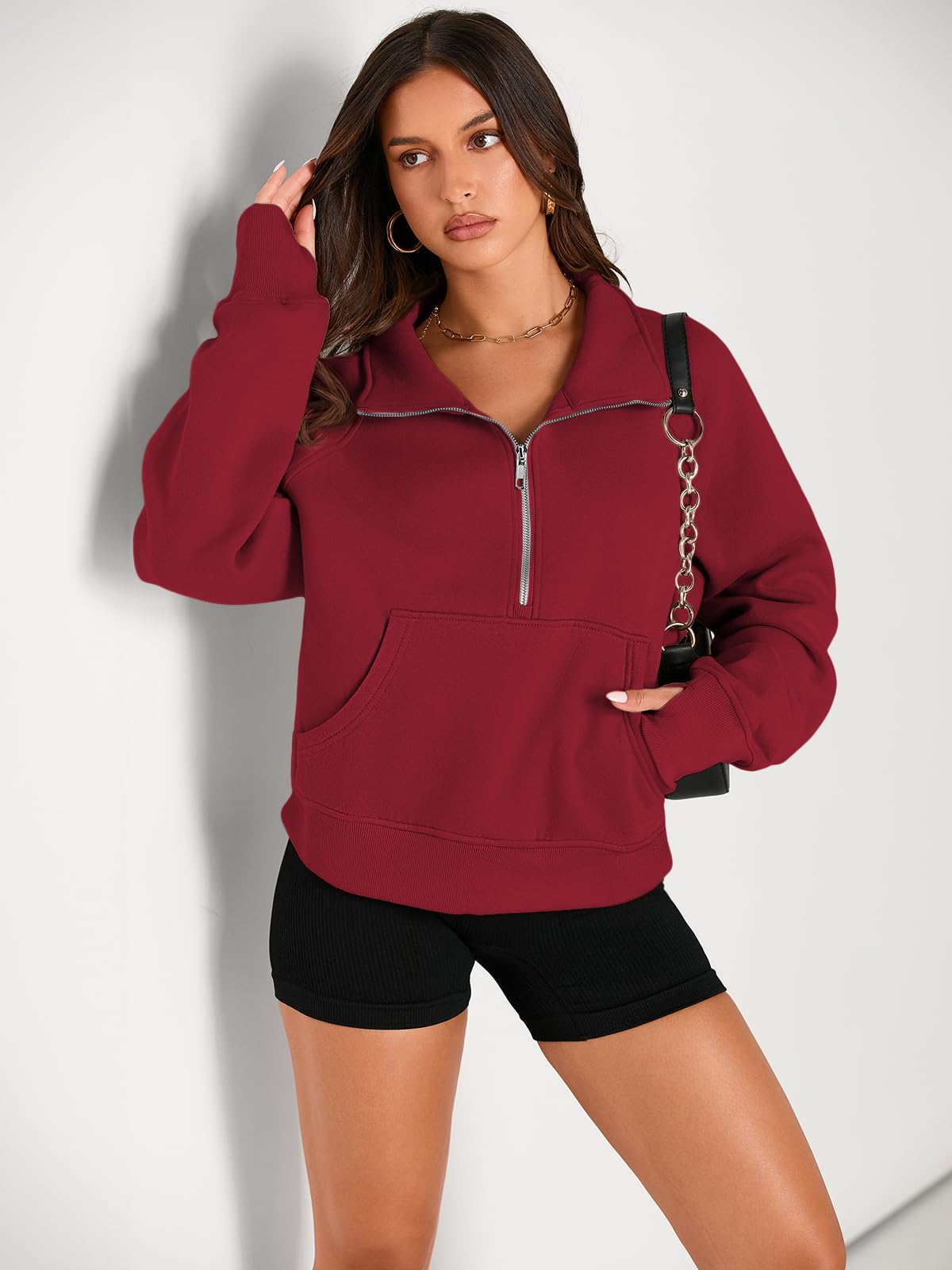 Womens Sweatshirts Half Zip Cropped Pullover Fleece Quarter Zipper Hoodies Fall outfits Clothes Thumb Hole