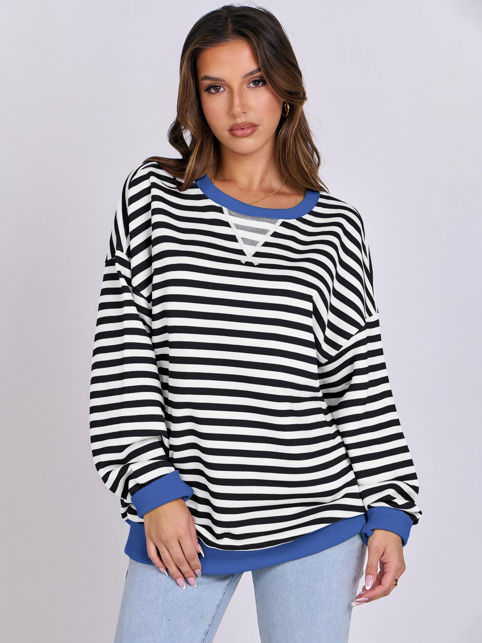 Women Striped Oversized Sweatshirt Long Sleeve Crewneck Hoodies Shirts 2024 Fall Pullover Top Trendy Preppy Clothes
