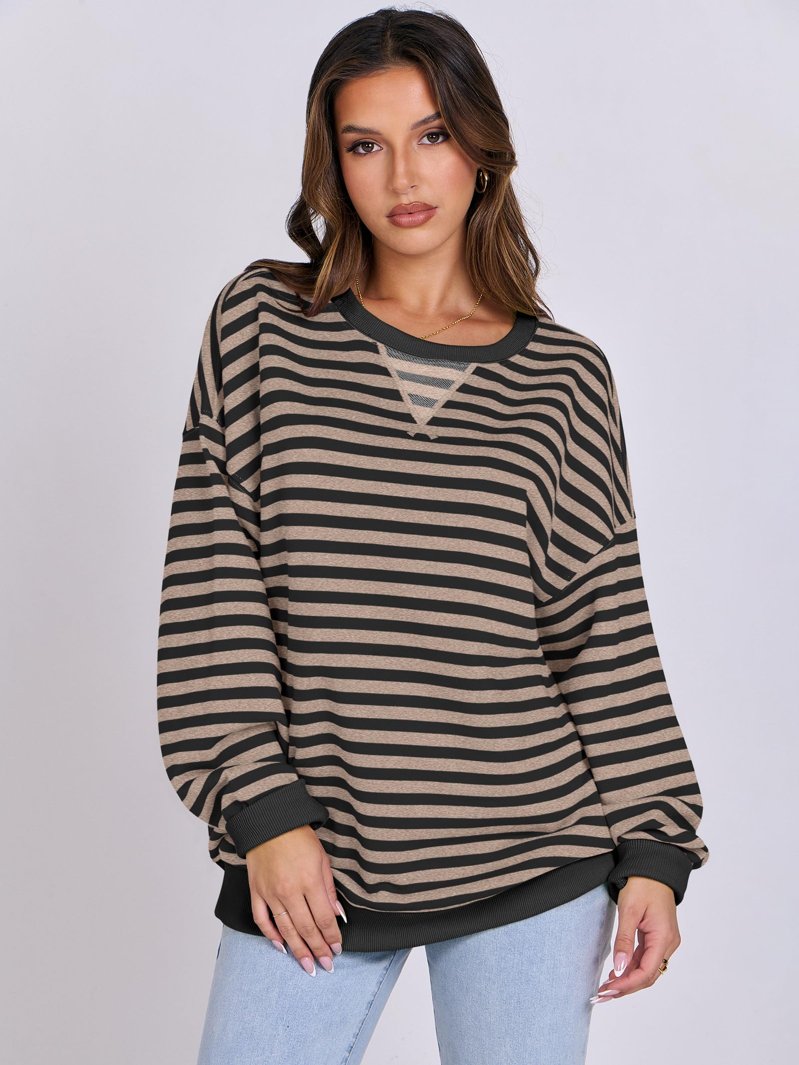 Women Striped Oversized Sweatshirt Long Sleeve Crewneck Hoodies Shirts 2024 Fall Pullover Top Trendy Preppy Clothes