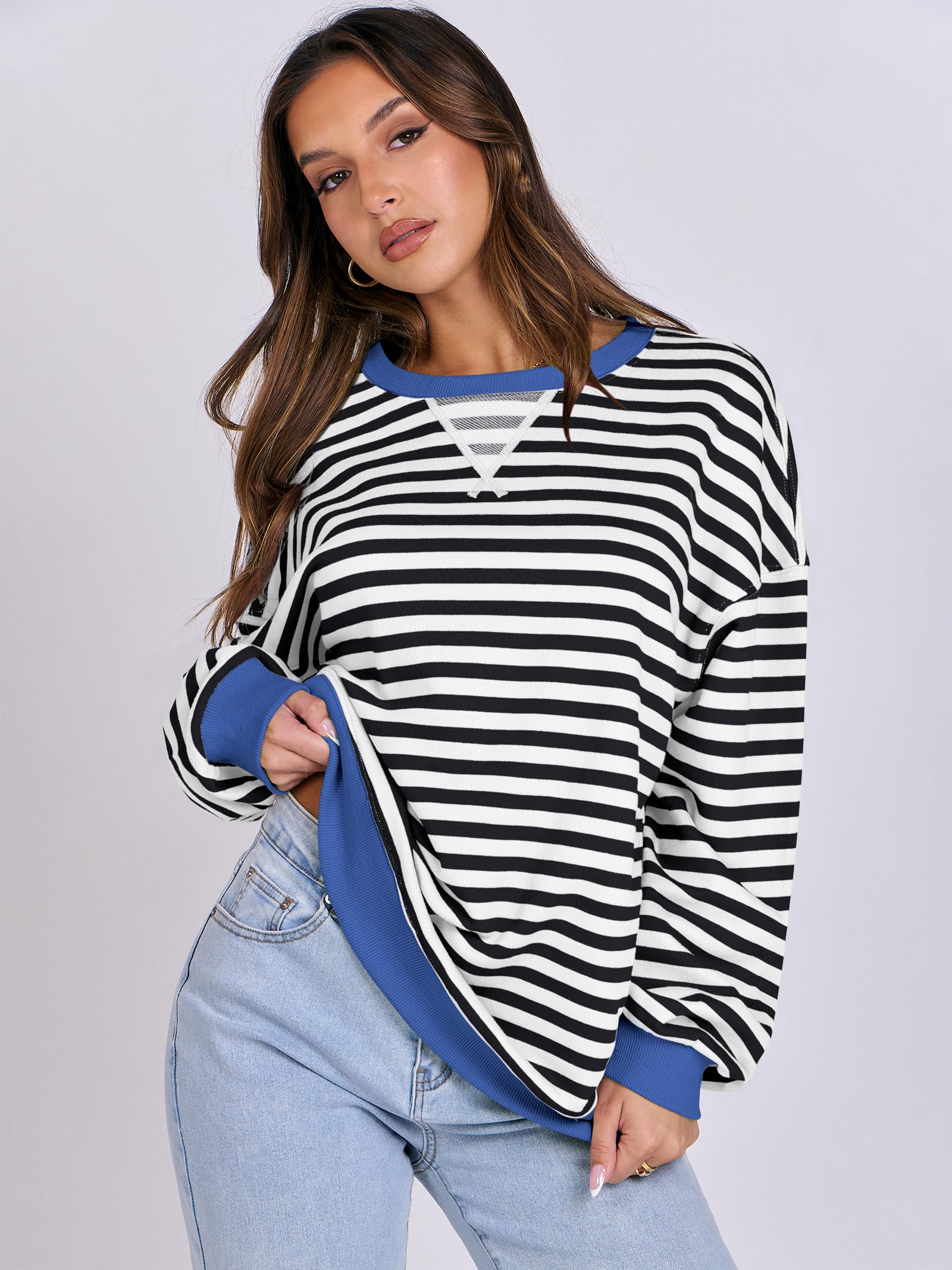 Women Striped Oversized Sweatshirt Long Sleeve Crewneck Hoodies Shirts 2024 Fall Pullover Top Trendy Preppy Clothes
