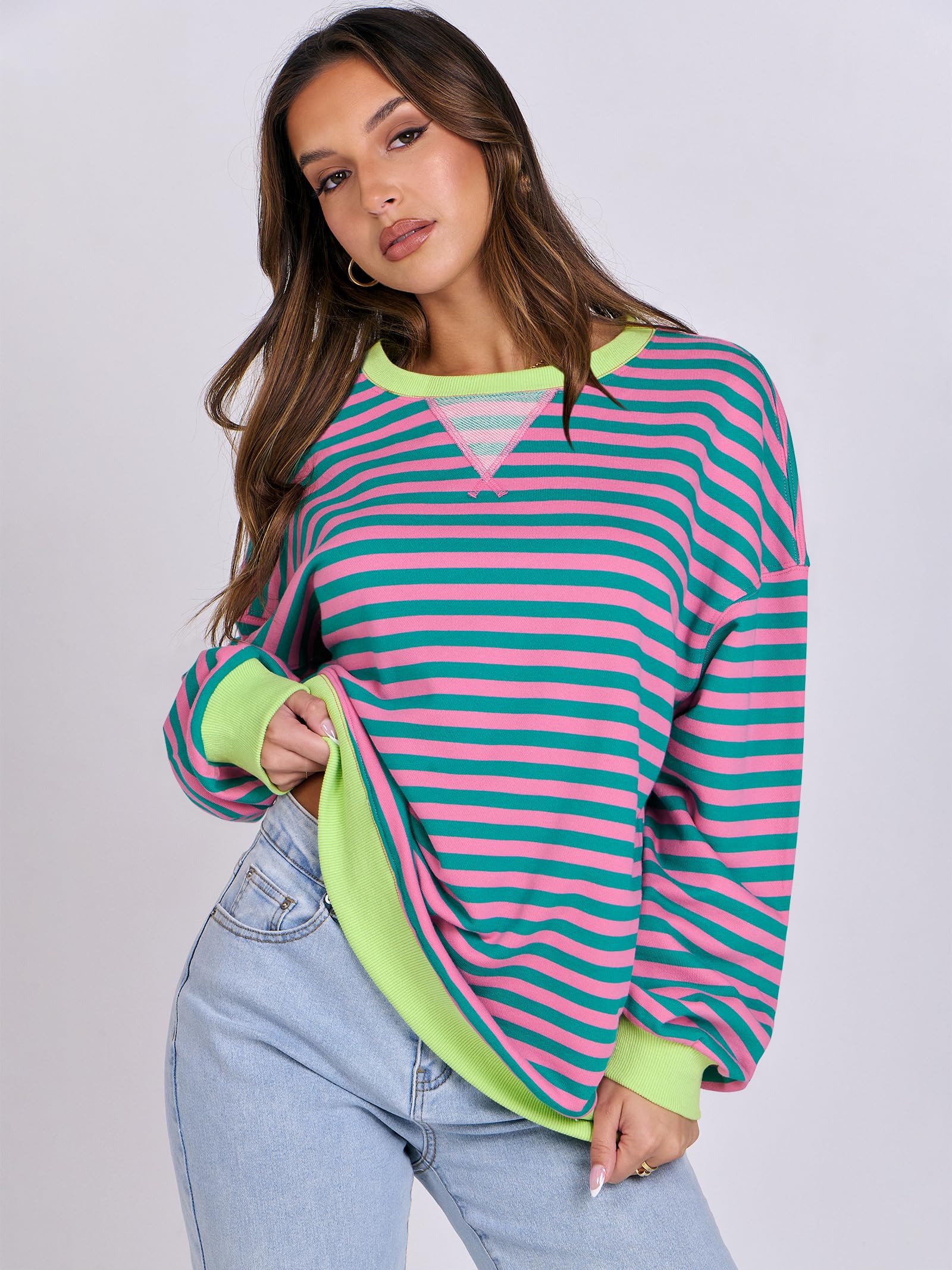 Women Striped Oversized Sweatshirt Long Sleeve Crewneck Hoodies Shirts 2024 Fall Pullover Top Trendy Preppy Clothes