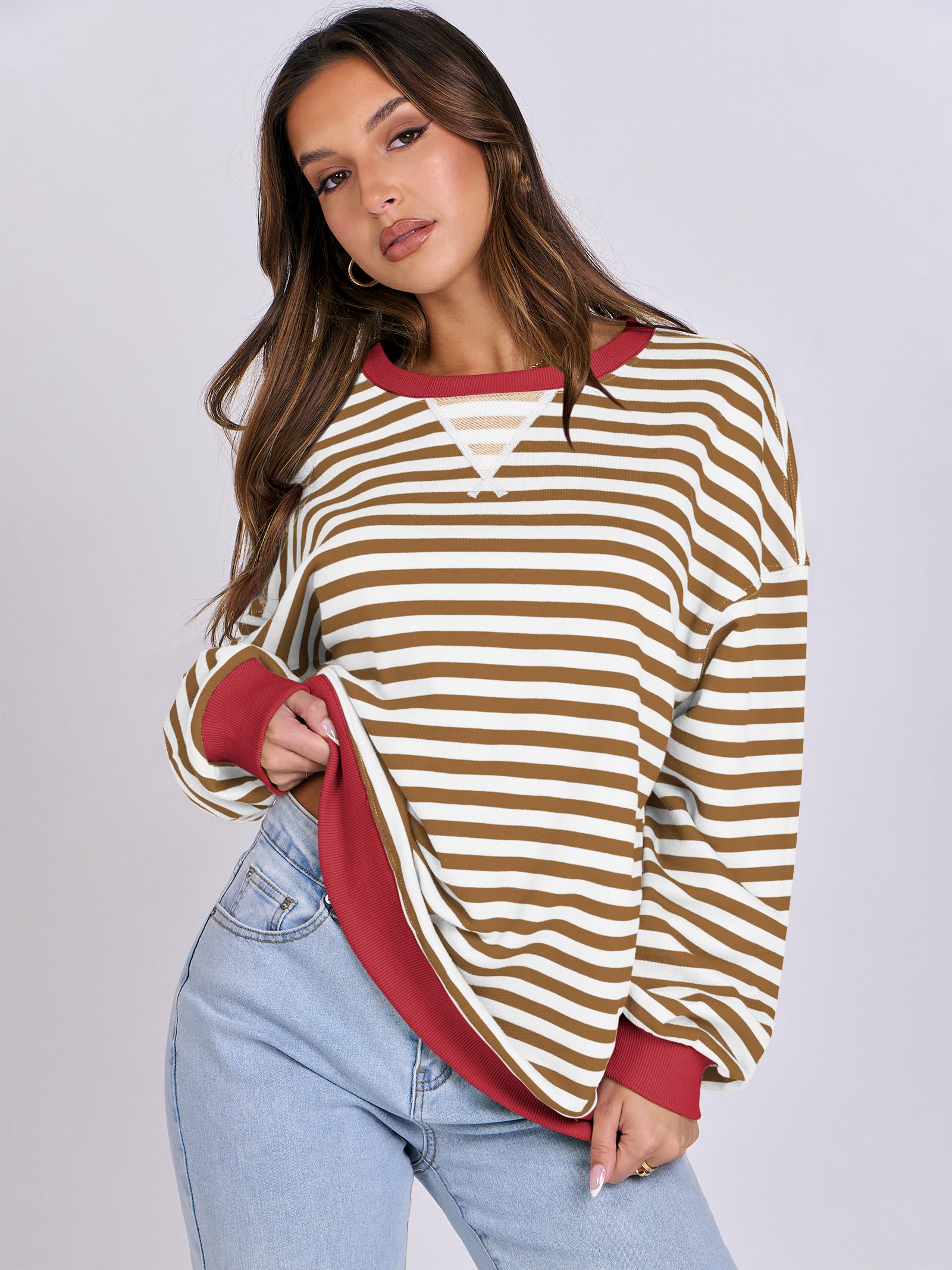Women Striped Oversized Sweatshirt Long Sleeve Crewneck Hoodies Shirts 2024 Fall Pullover Top Trendy Preppy Clothes