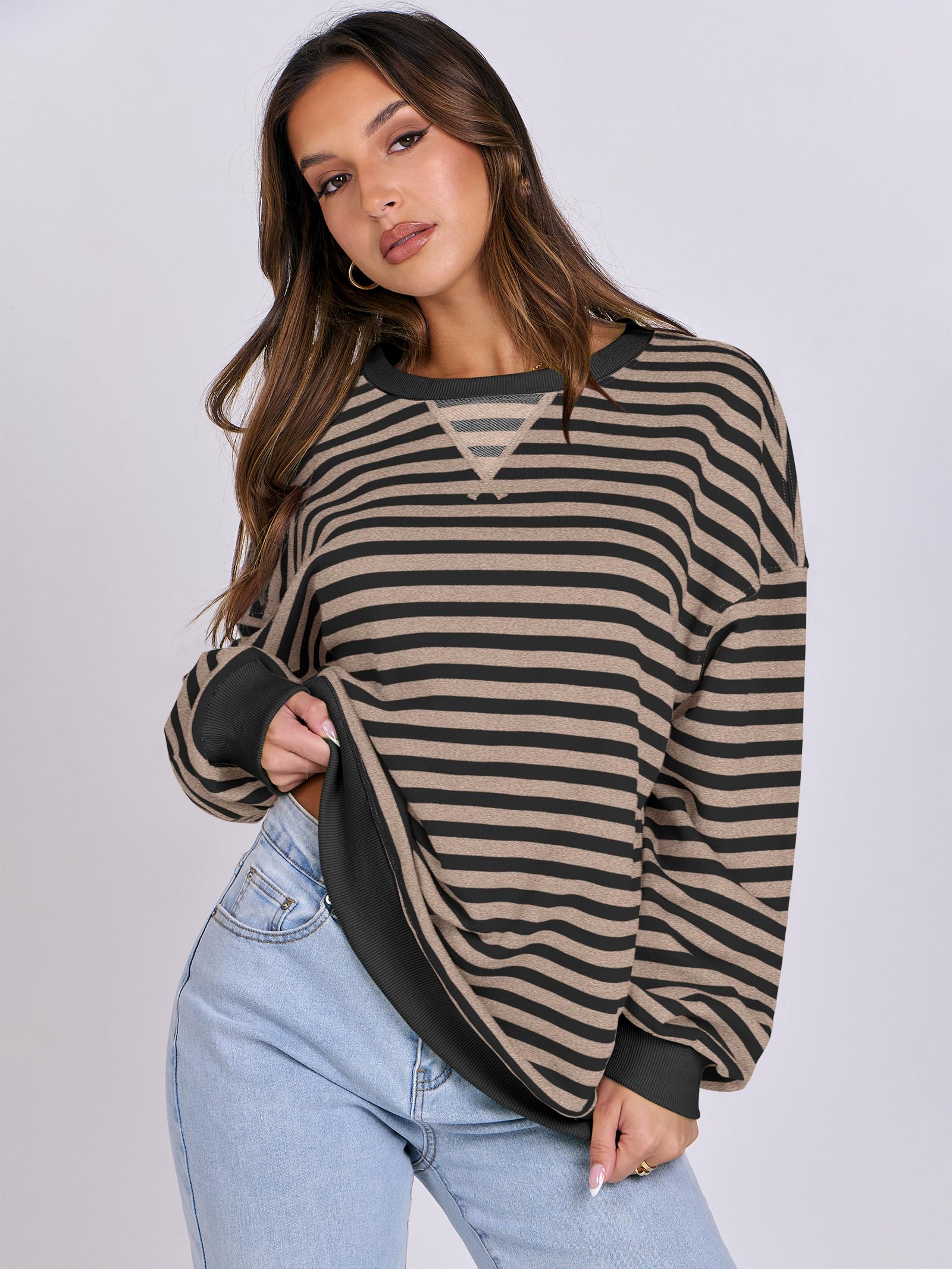 Women Striped Oversized Sweatshirt Long Sleeve Crewneck Hoodies Shirts 2024 Fall Pullover Top Trendy Preppy Clothes