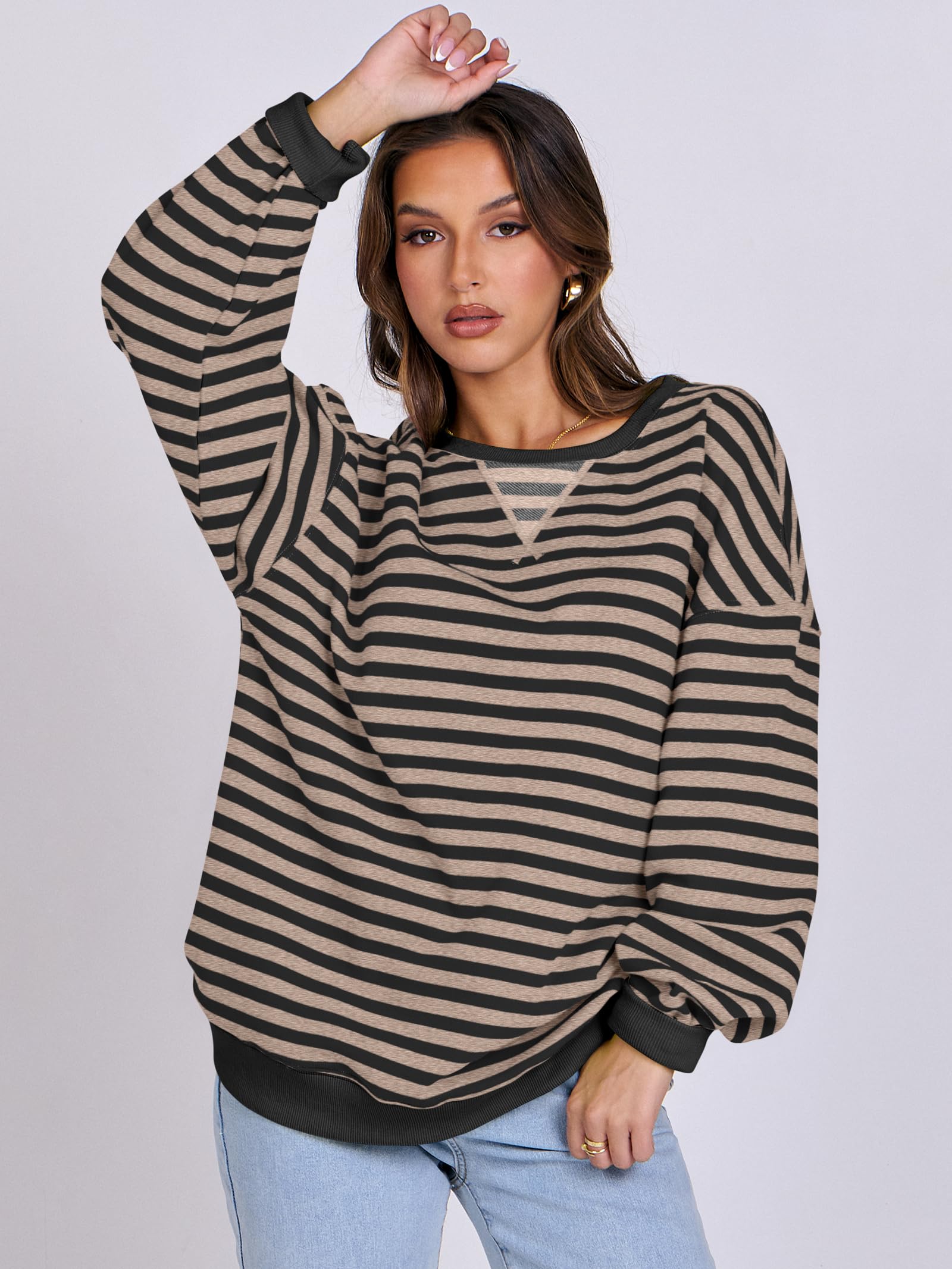 Women Striped Oversized Sweatshirt Long Sleeve Crewneck Hoodies Shirts 2024 Fall Pullover Top Trendy Preppy Clothes
