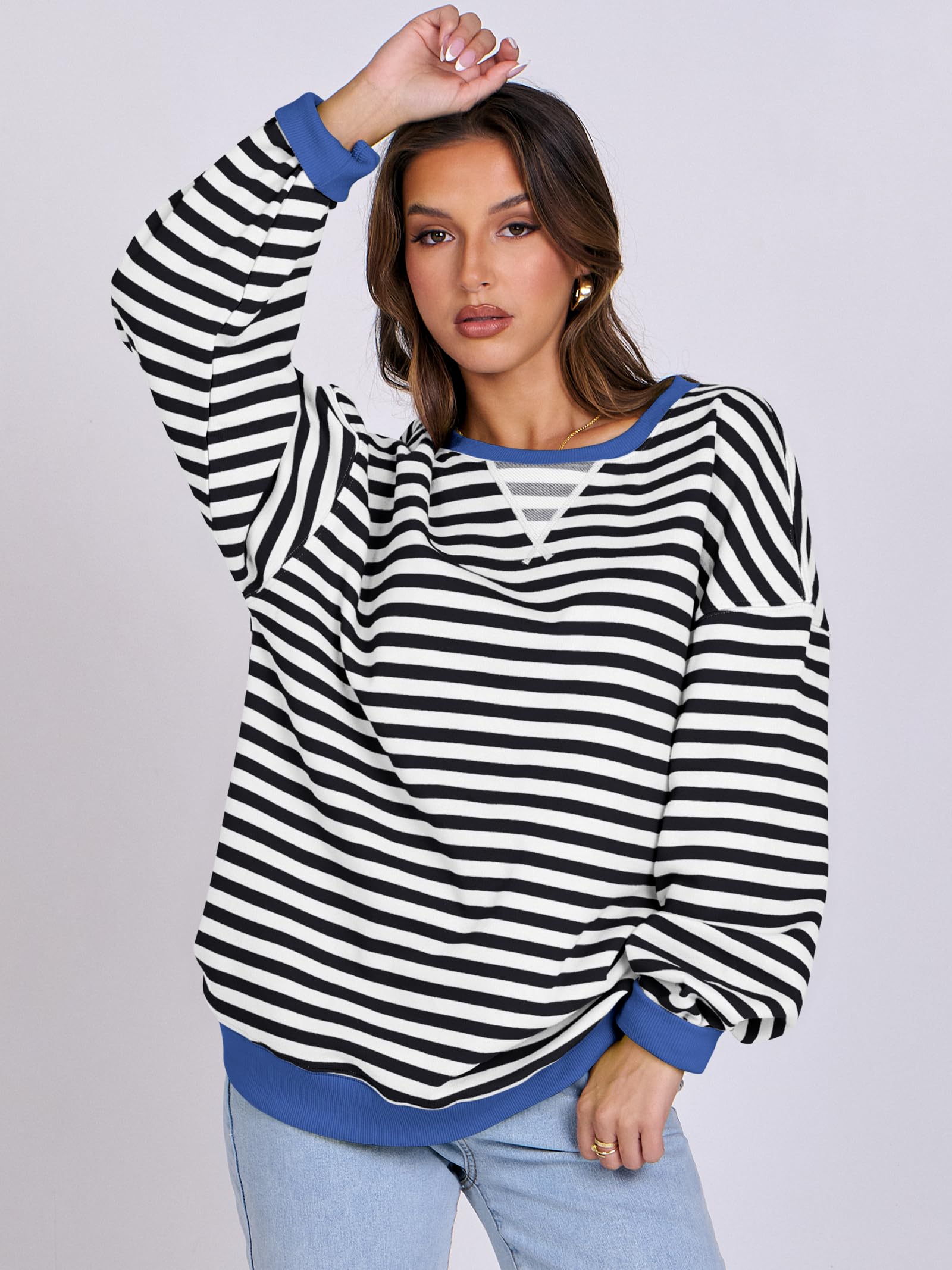 Women Striped Oversized Sweatshirt Long Sleeve Crewneck Hoodies Shirts 2024 Fall Pullover Top Trendy Preppy Clothes