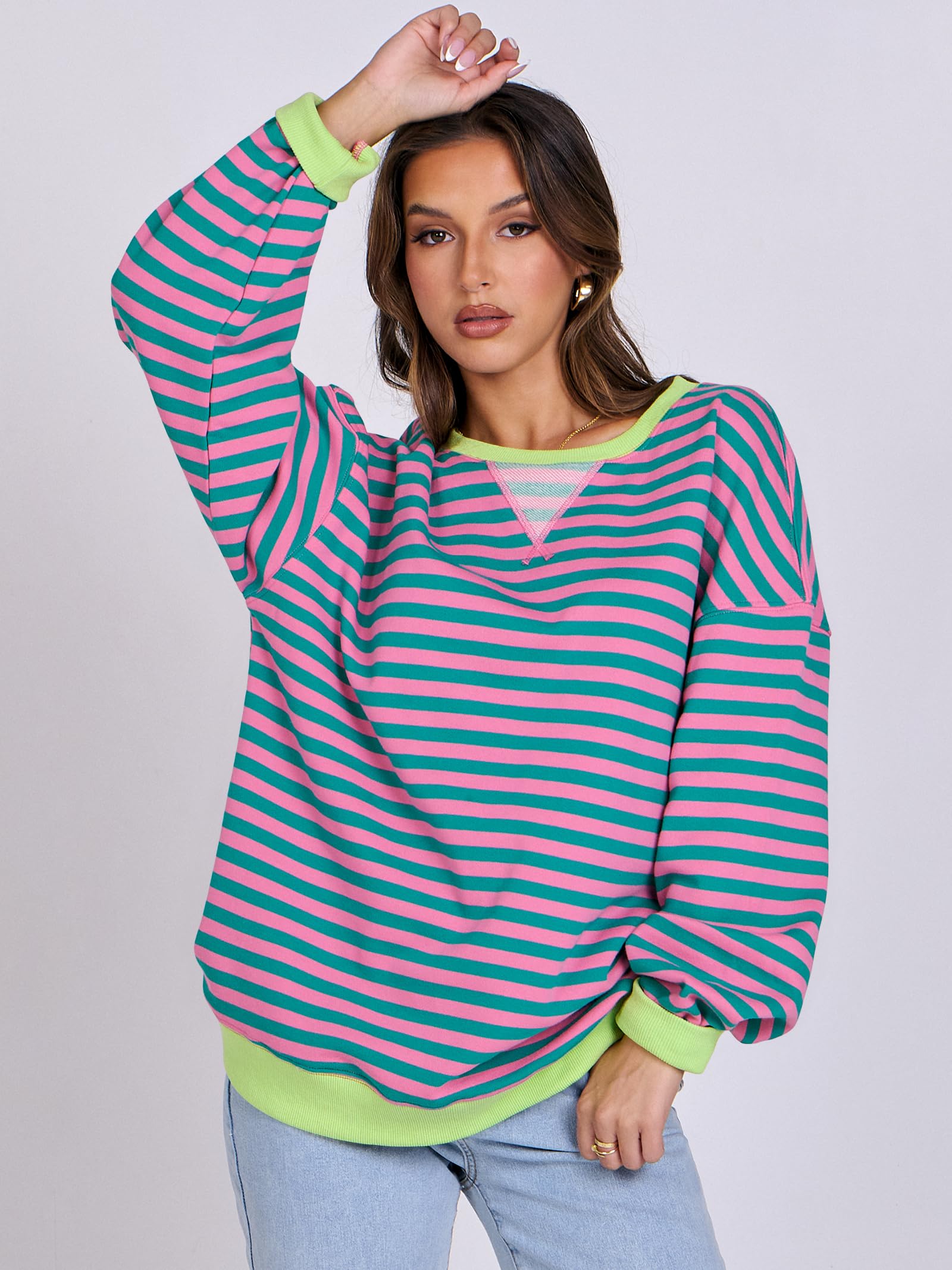 Women Striped Oversized Sweatshirt Long Sleeve Crewneck Hoodies Shirts 2024 Fall Pullover Top Trendy Preppy Clothes