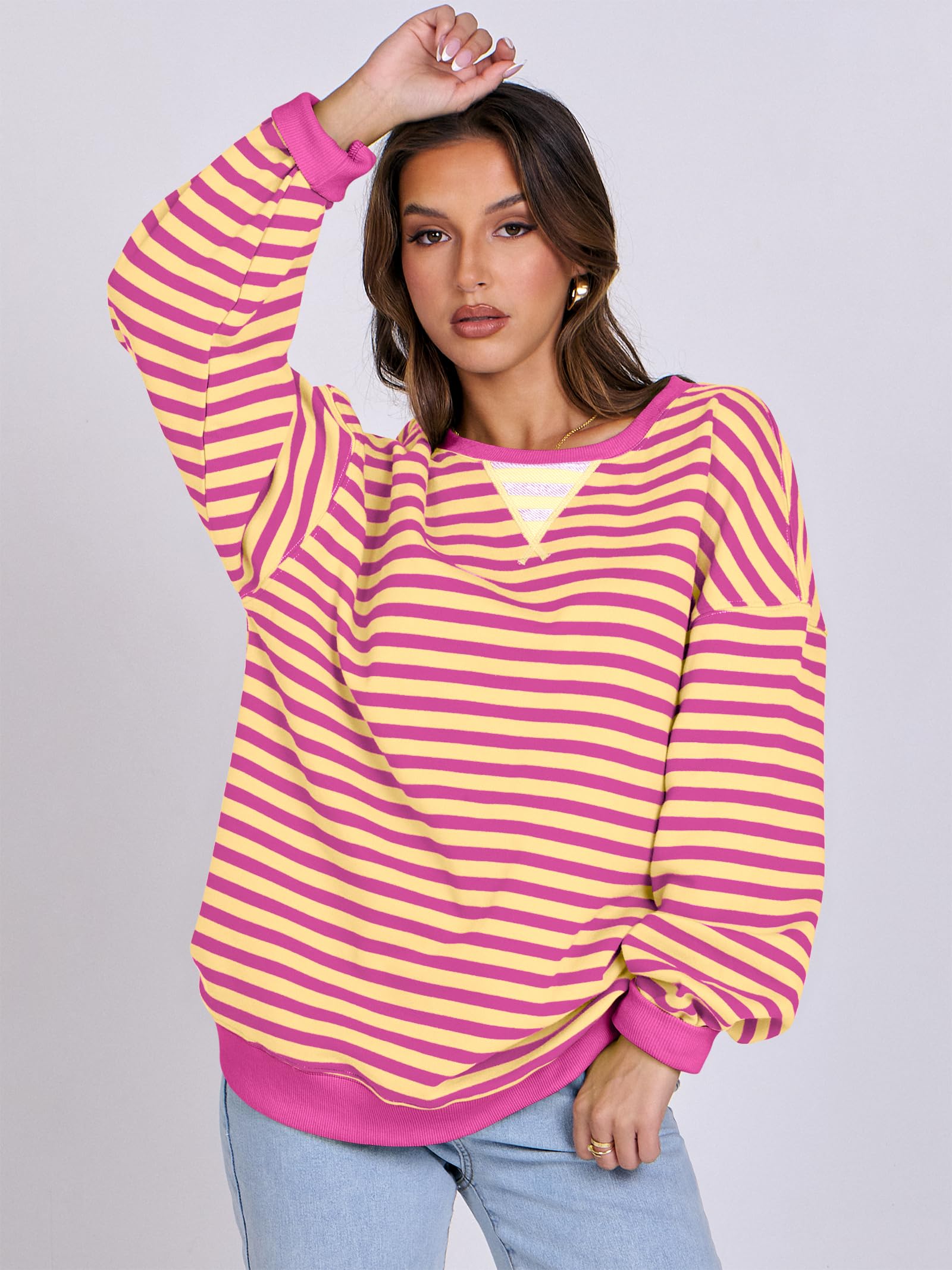 Women Striped Oversized Sweatshirt Long Sleeve Crewneck Hoodies Shirts 2024 Fall Pullover Top Trendy Preppy Clothes