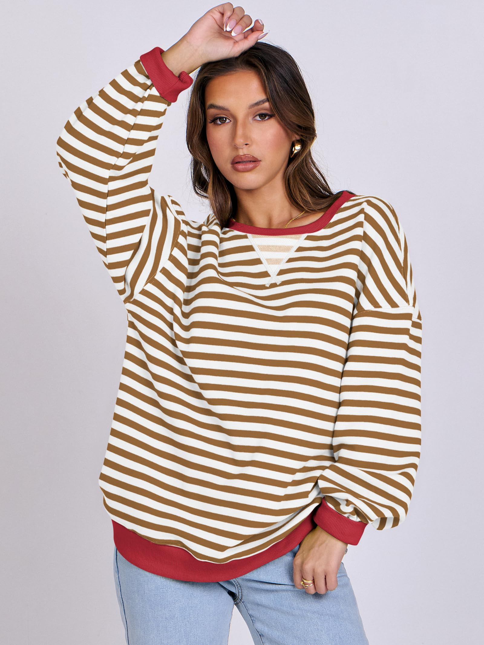 Women Striped Oversized Sweatshirt Long Sleeve Crewneck Hoodies Shirts 2024 Fall Pullover Top Trendy Preppy Clothes