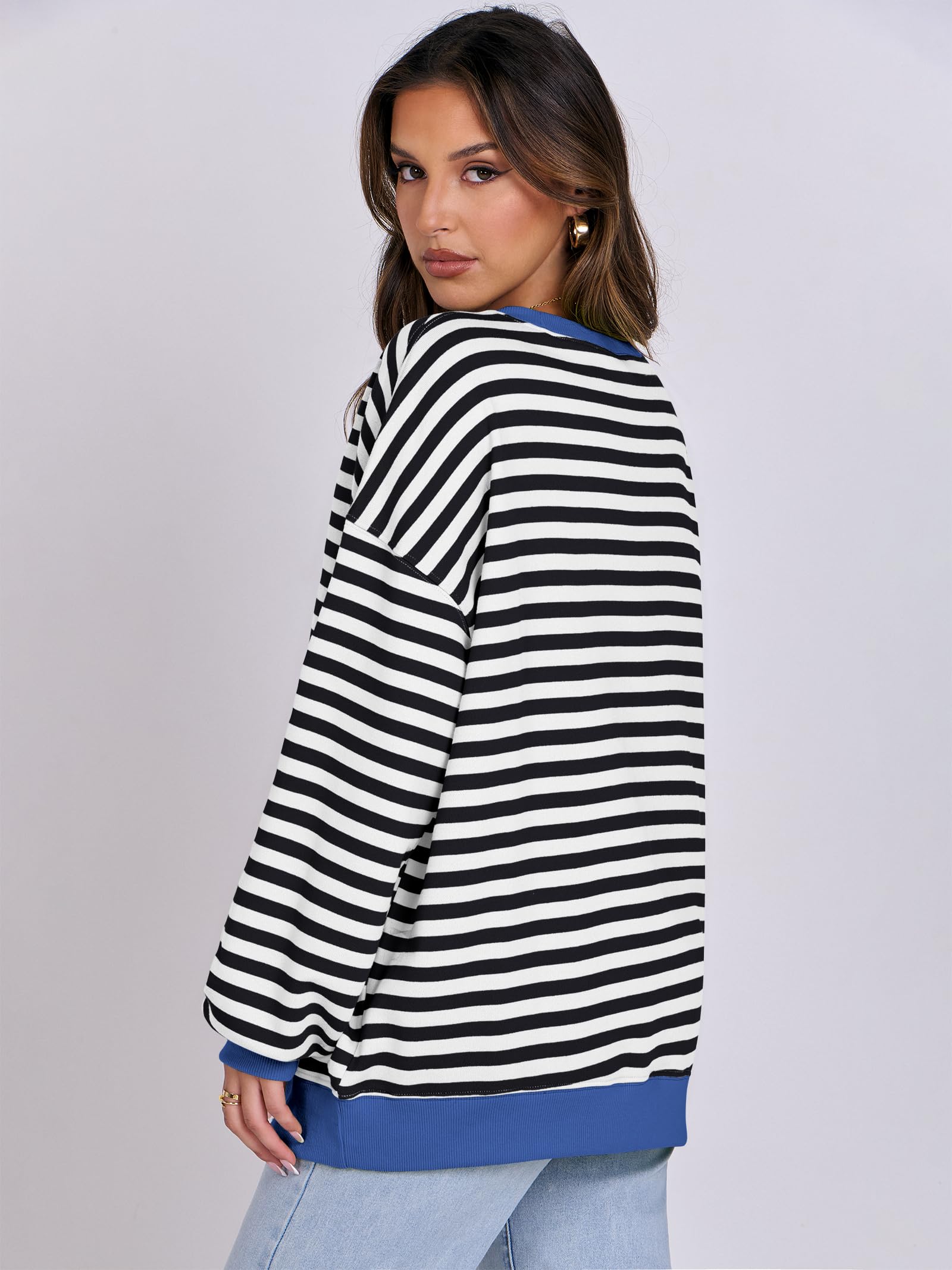 Women Striped Oversized Sweatshirt Long Sleeve Crewneck Hoodies Shirts 2024 Fall Pullover Top Trendy Preppy Clothes