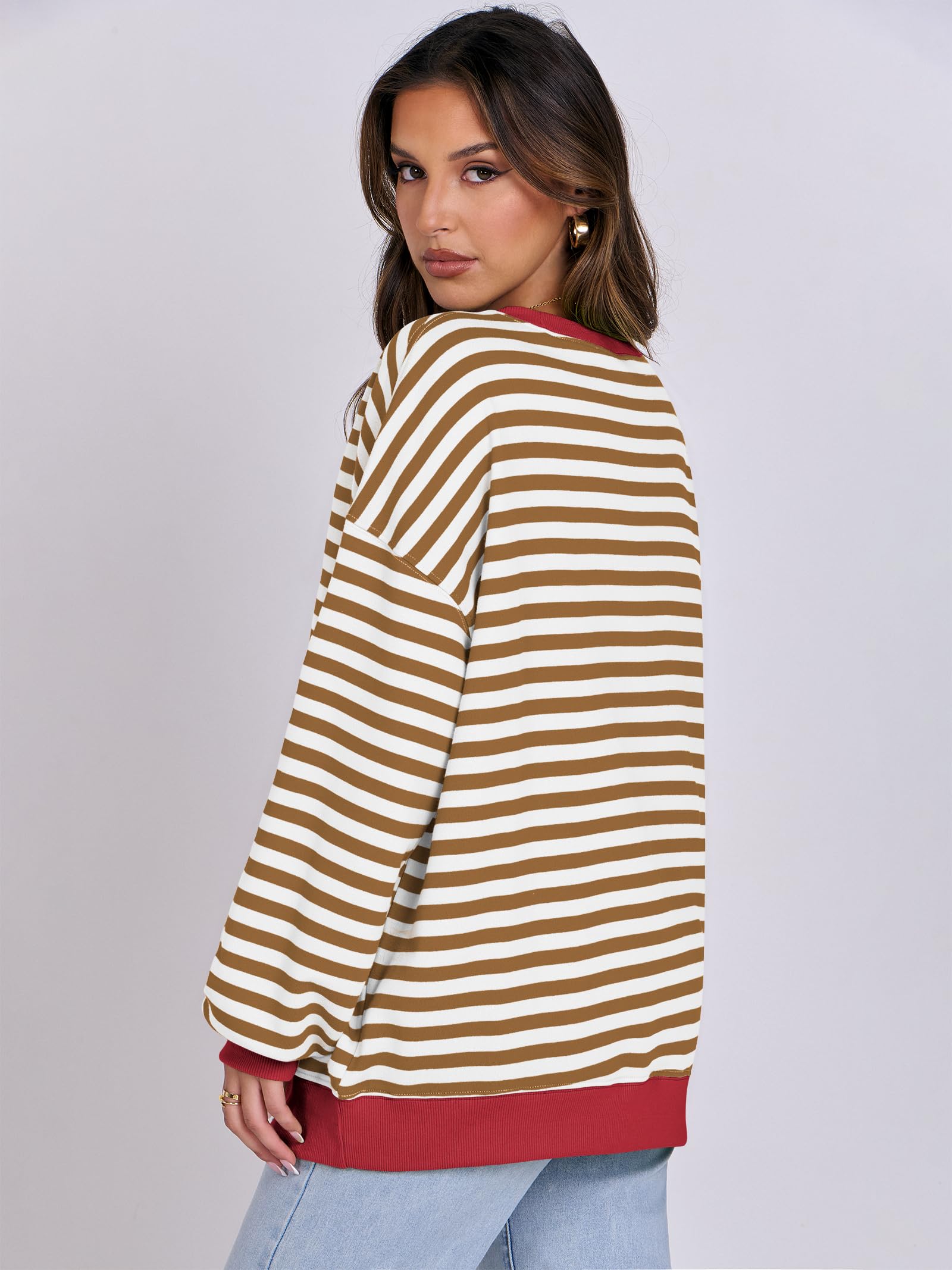 Women Striped Oversized Sweatshirt Long Sleeve Crewneck Hoodies Shirts 2024 Fall Pullover Top Trendy Preppy Clothes