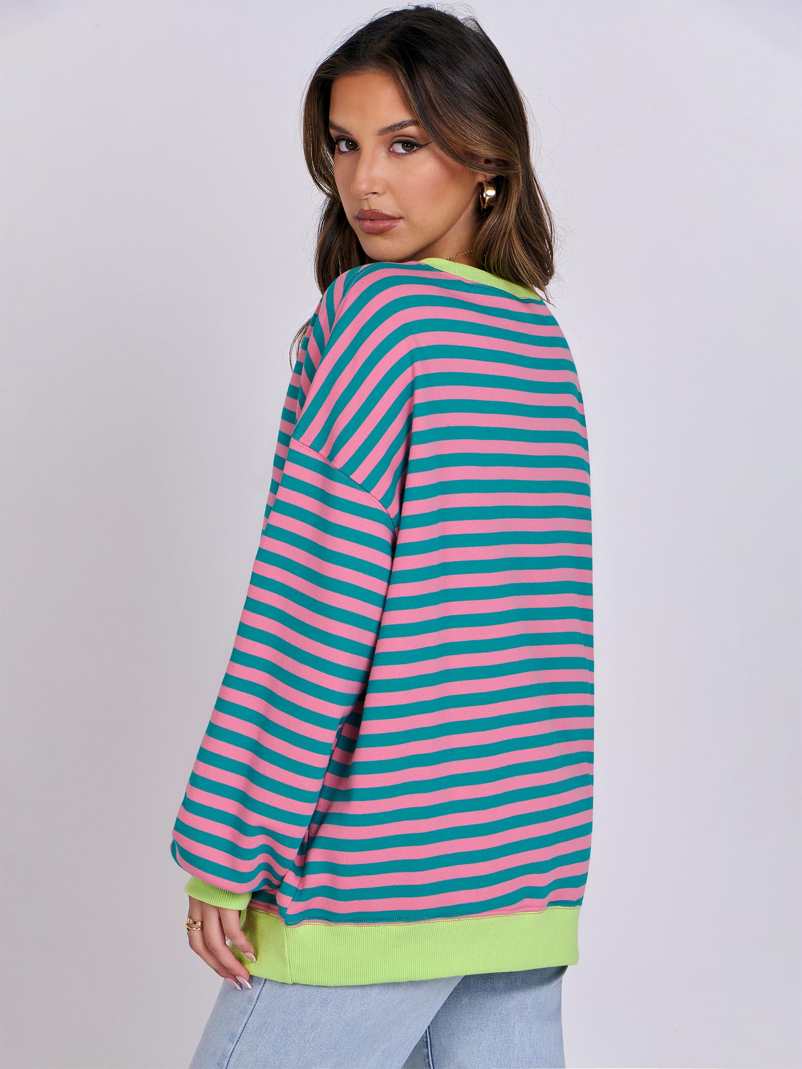 Women Striped Oversized Sweatshirt Long Sleeve Crewneck Hoodies Shirts 2024 Fall Pullover Top Trendy Preppy Clothes