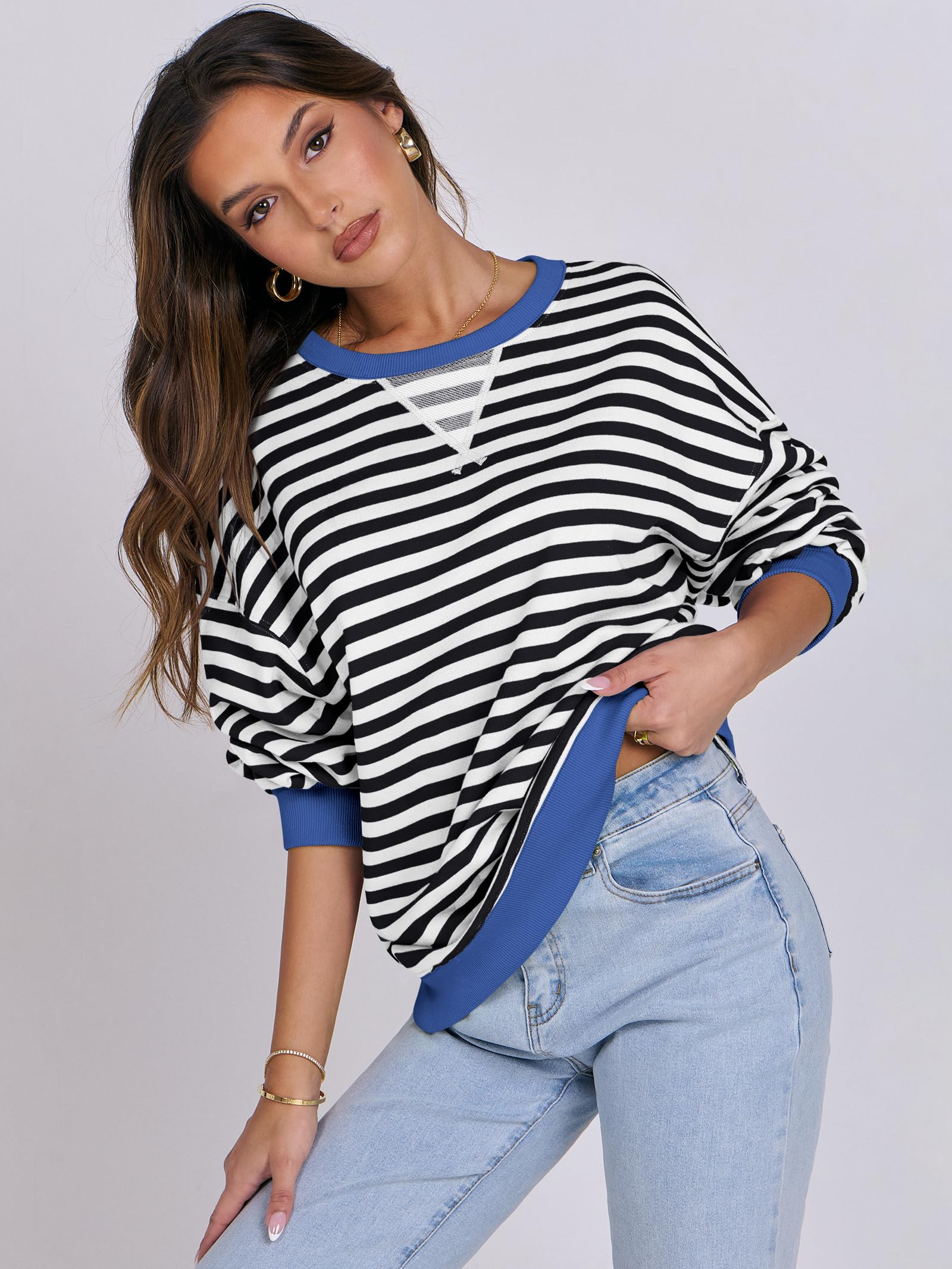 Women Striped Oversized Sweatshirt Long Sleeve Crewneck Hoodies Shirts 2024 Fall Pullover Top Trendy Preppy Clothes